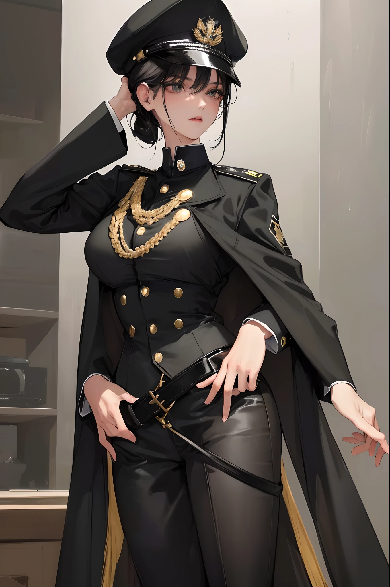 (highest resolution, distinct_image) best quality, woman, masterpiece, high detail, semi-realistic, black short hair, black hair, bangs, 21 years old, mature, young, black clothes, black uniform, black cap, military school beauty Heroic and heroic indoor background exquisite and exquisite facial features