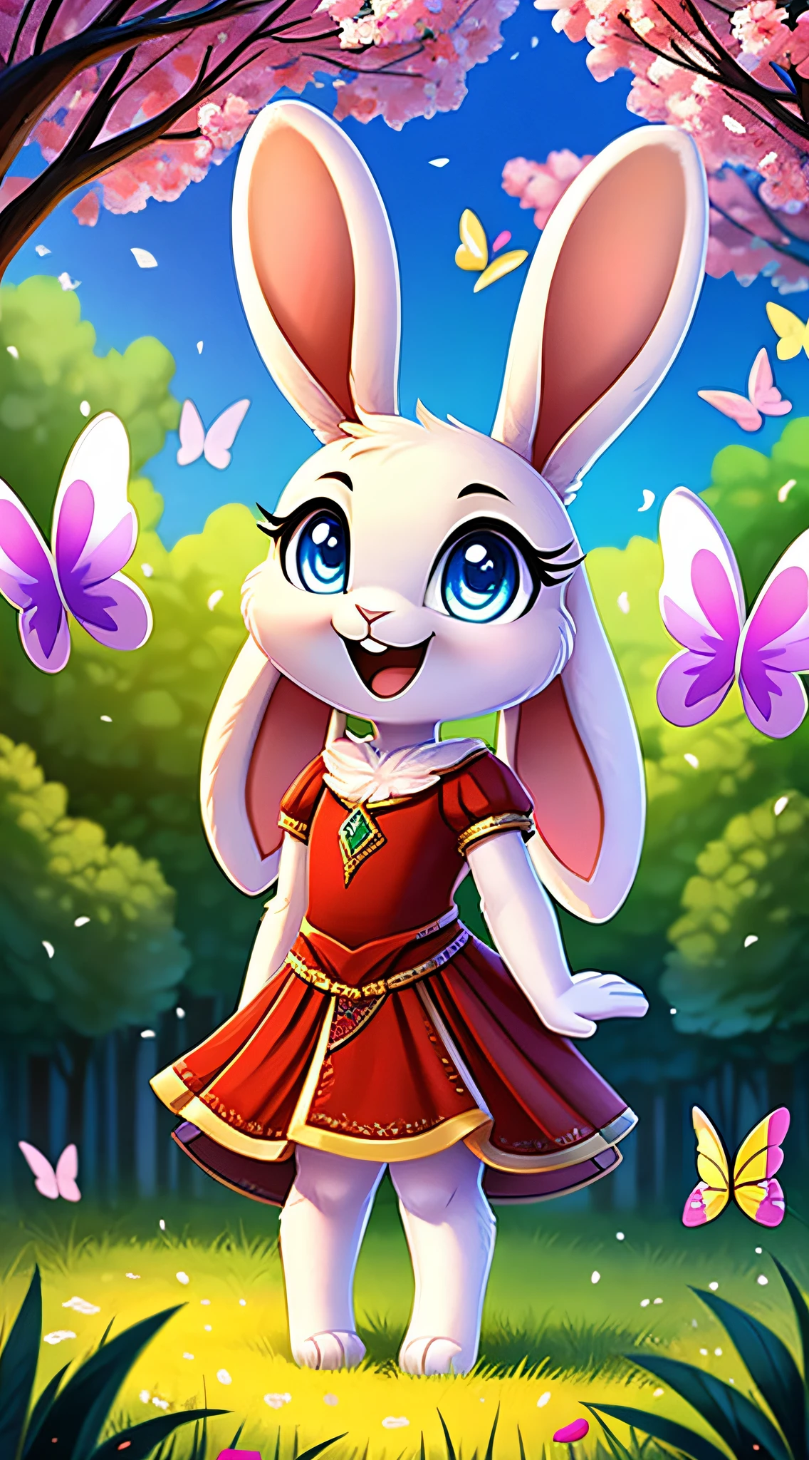 zoomed out image, fantasy style art, cute, adorable, short, tiny, little fluffy female white bunny with blue eyes, 2 extra ears, 4 ears, big floppy ears, long ears, ears perked up, raised ears, long eyelashes, poofy rabbit tail, smiling, standing in a forest, wearing a red frilly dress, big expressive smile, open mouth, wide eyes, excited eyes, excited face, stunning visuals, sunlight coming through the trees, colorful flowers scattered in the bushes, colorful butterflies flying around, digital illustration