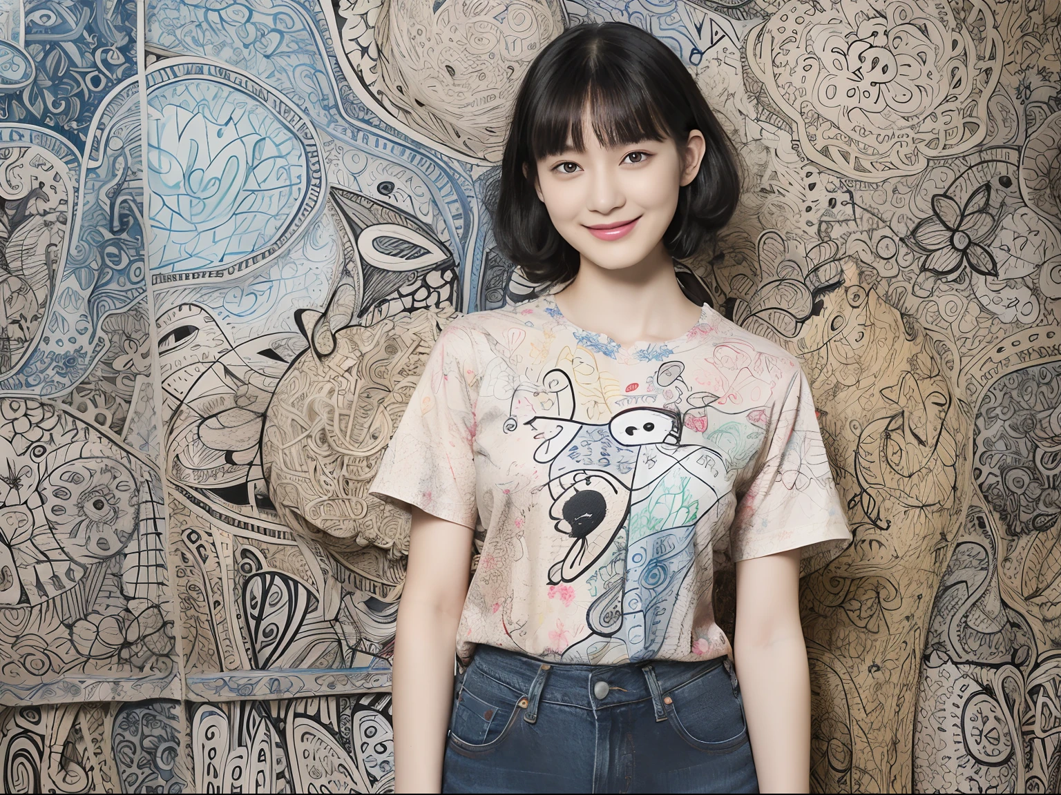 (Black Shorthair:1.2), (a 20 yo woman), (A hyper-realistic), (masutepiece), (8KUHD), A slight smil, Slender waist, Wearing jeans, ((Floral clothing - T-shirts)), large full breasts, wear long pants, abstract paintings, (doodle:1.46)