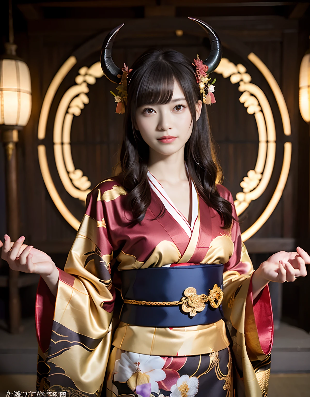 (((masutepiece,))),Professional , ​masterpiece、top-quality、photos realistic , depth of fields 、Raw photo、女の子1a person、glowy skin、（sexypose）、(Black maple on the background of full bloom),（Ultimate Beauty）、A dark-haired、Mystical expression、Light Effects、intense fighting、Wind-effect、ultrasharp、（shrine background)、（Kimono with beautiful pattern）、（Midnight background）、Beautiful hair ornament on the head、,(intense fighting）,（（Precipitous cliffs））,(Wear a beautiful kimono),（Wear a colorful and beautiful kimono）、cleavage of the breast、（Japan Castle Background）、Jewel Gold Weapon、Particles of light),(intense fighting）、Gorgeous gold weapons ,Castle background、（（ Gorgeous Dragon Sword）） , （a dark night）,,（maikurobikini） 、（（Black Haired Beautiful Girl））、（Castle background）、（demonic wings）、（（Gangle's forest background））、Beautiful Caucasian beauty、１a person、dynamic ungle,(((Two devil's horns on the head)))、Smaller head、Idle Smile、Thin and beautiful female hands、Mystical expression、Light Effects、intense fighting、Wind-effect、magic circles、With the legendary magic wand、Dragon's tail、Anatomically correct fingers、Full Body Angle、Anatomically correct number of fingers、