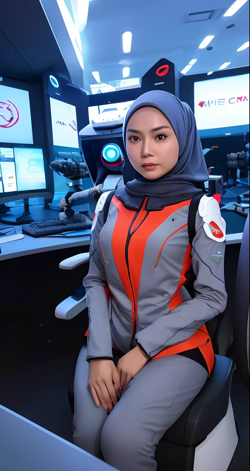 Imagine the Malay girl in hijab in a futuristic command center, strategically coordinating her mecha suit's actions to respond to a crisis, showcasing her leadership and intelligence