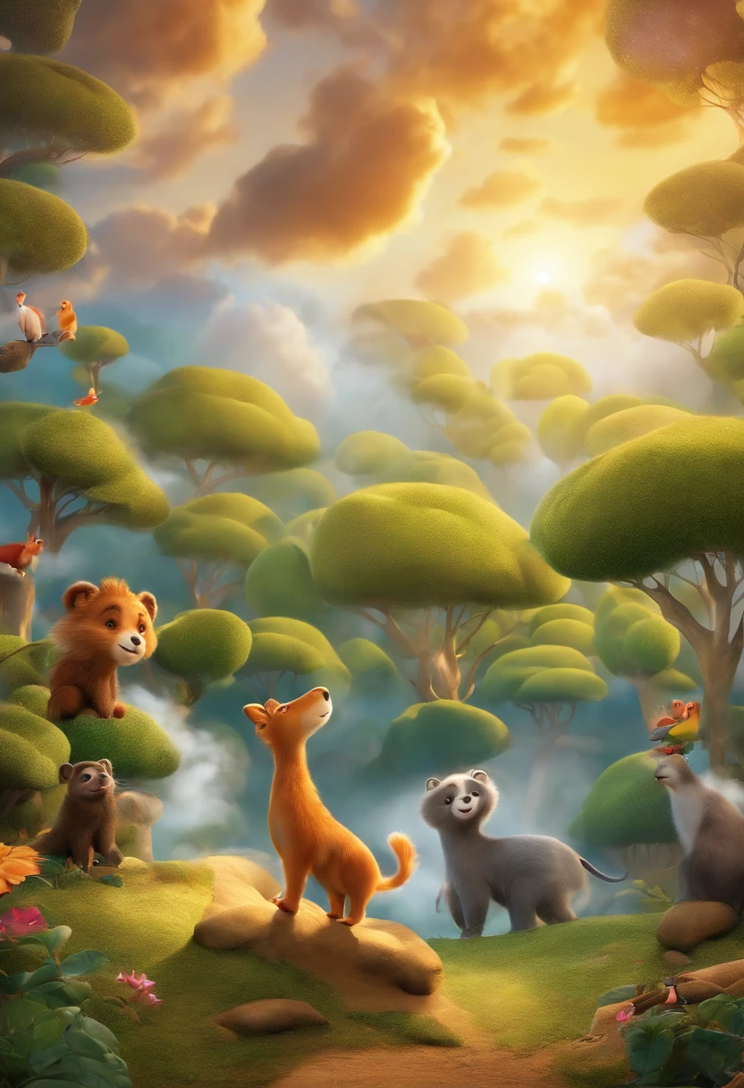 criar uma capa de livro infantil. que contenha um mundo magico. animais falantes, arvores falantes, Sky with happy clouds. sol sorrindo. 3D. children unleashing their imagination