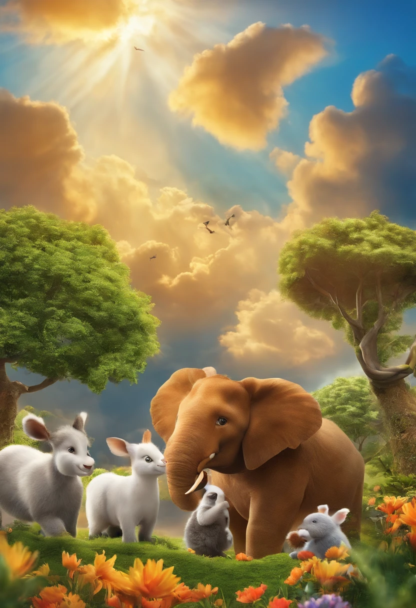 Zoo animals,cartoon style for kids,Focus on elephant