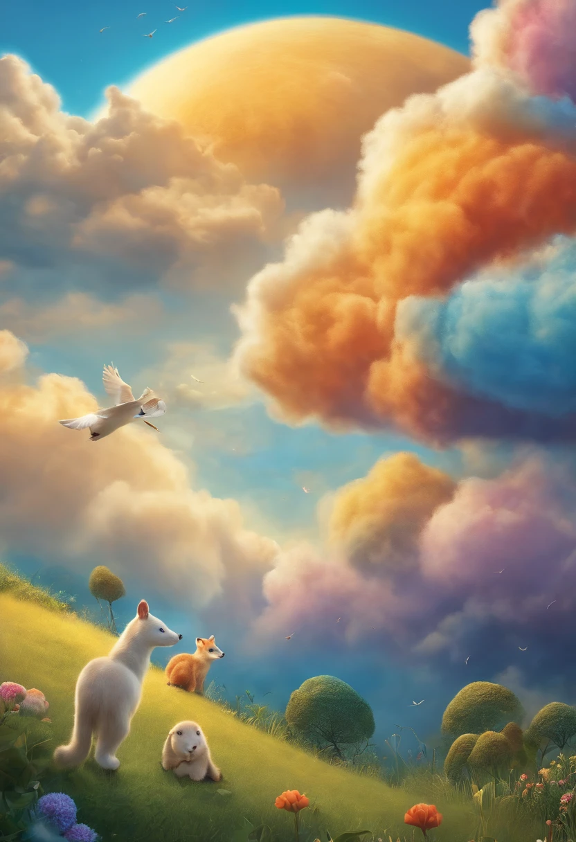 criar uma capa de livro infantil. que contenha um mundo magico. animais falantes, arvores falantes, Sky with happy clouds. sol sorrindo. 3D. children unleashing their imagination