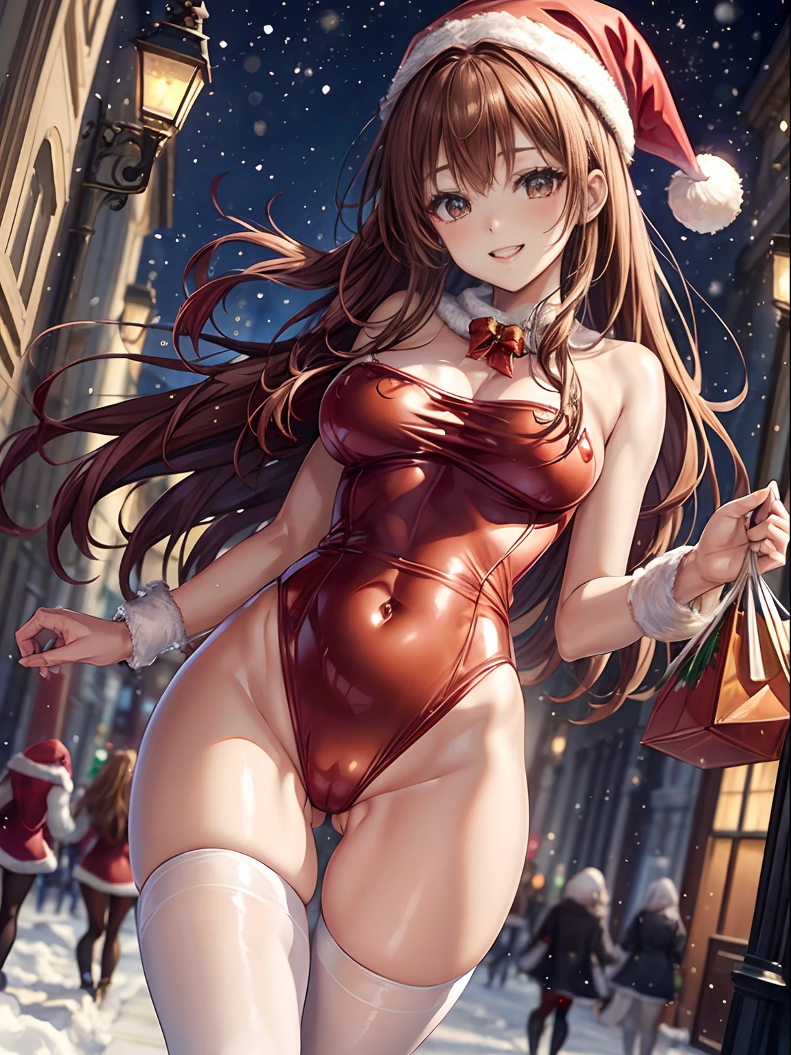 top-quality、Full limbs、complete fingers、Slender beauty、straight haired、Red hair、Beautiful Large Breasts、(Detailed ultra-oily shiny skin:1.1)、oily shiny thighhigh、(Perfect bright red Santa Claus leotard:1.3)、((Brown pantyhose))、Wearing a Santa Claus hat、((Wearing a Santa Manto))、Beautiful、A smile、Winter cityscape、shopping street、It's snowing、white Christmas