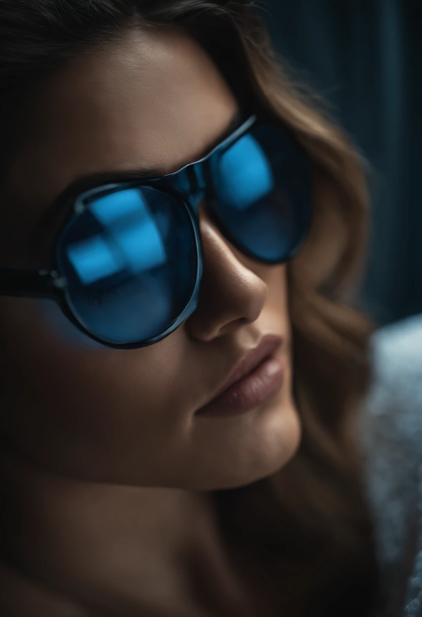 mujer morena, pelo corto, lingerie, grandes senos, grandes nalgas, delgada, ojos azules, lentes, nerd, ultra realista