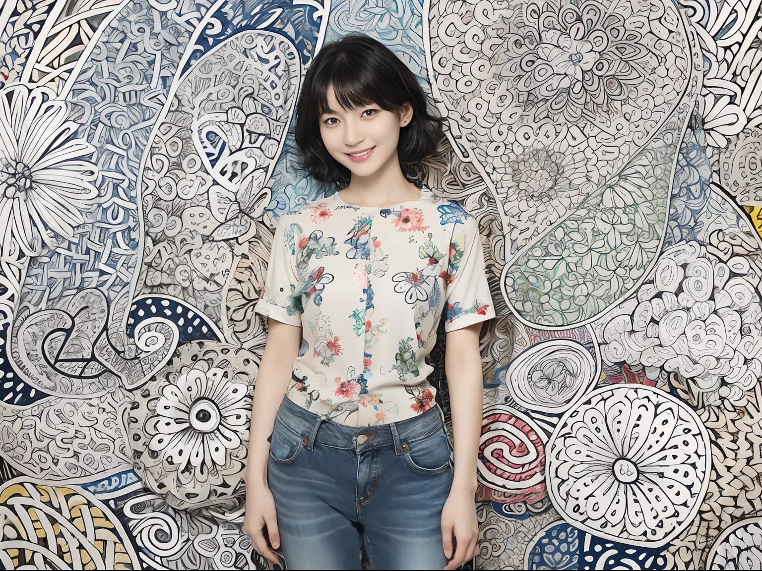 (Black Shorthair:1.2),  (a 20 yo woman), (A hyper-realistic), (masutepiece), (8KUHD), A slight smil, Slender waist, Wearing jeans, ((Floral clothing - T-shirts)), large full breasts, wear long pants, abstract paintings, (doodle:1.46)