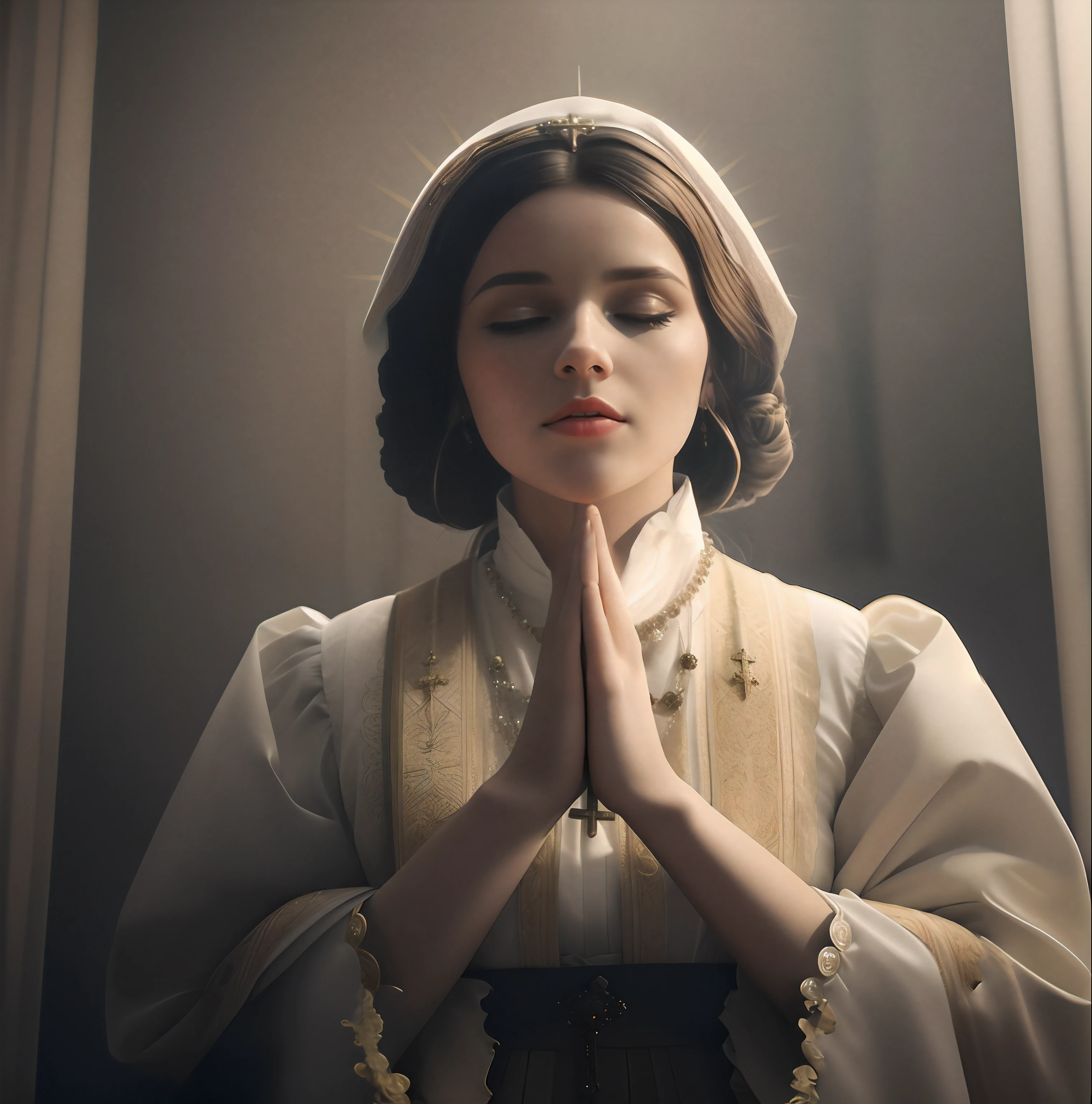 An Araved woman in a white dress and white hat is praying, unreal engine rendered + A goddess, majestic saint woman, karol bak of emma watson nun, Guviz-style artwork, in a high renaissance style, Personagem pequeno. Unreal Engine 5, art nouveau octane render, fantasy style 8 k octane render, render in unreal engine 5