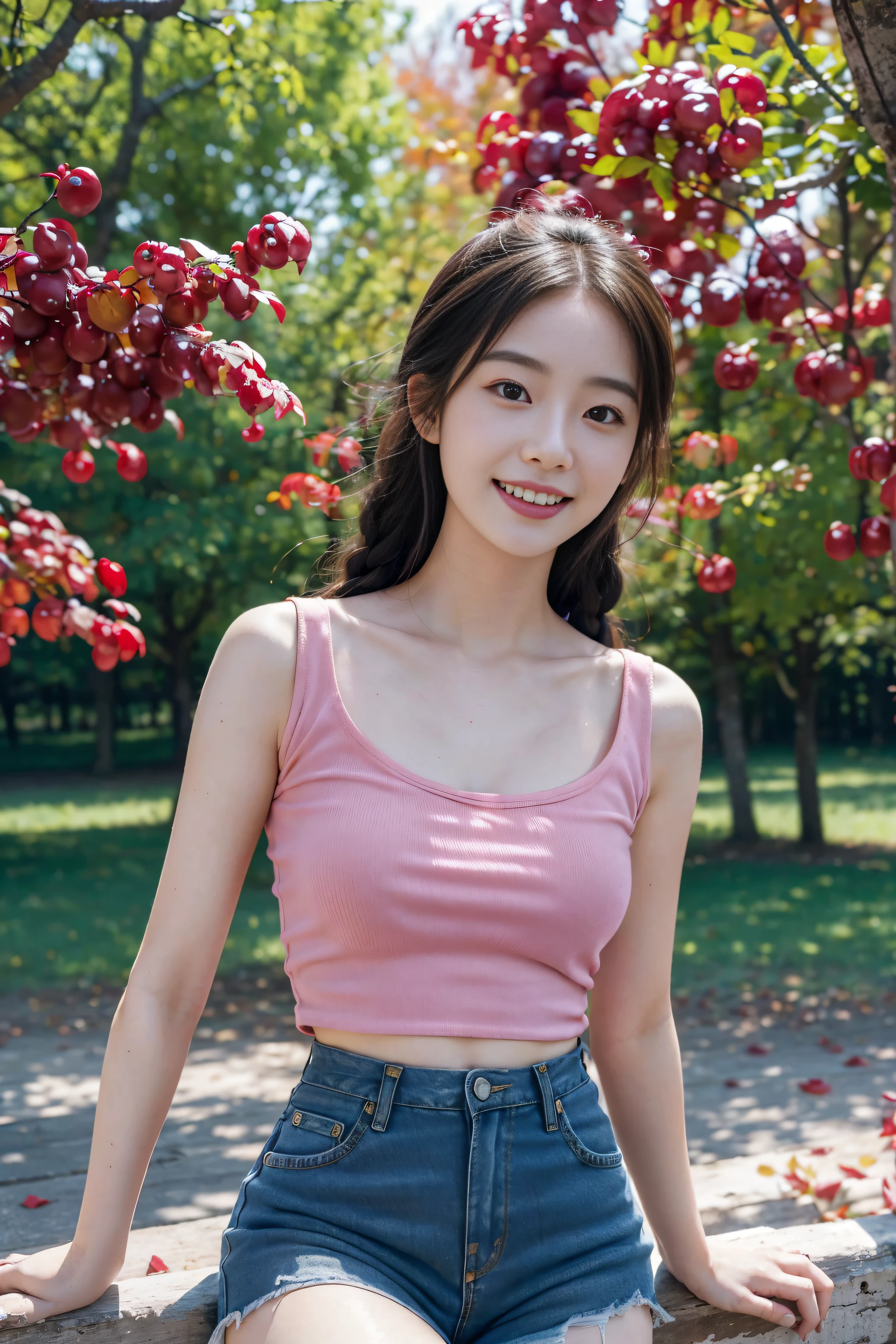 (Best quality, Complex details: 1.2,Realistic:1.2) ,A girl\(23 years old\),[Liu Yifei:0.9],(pink|red top bank:1.2),(Extra-short denim shorts)，(farmhouse:1.2),tree,Red leaves,(autumn),bare braid,kind grin,(white skin:1.2),