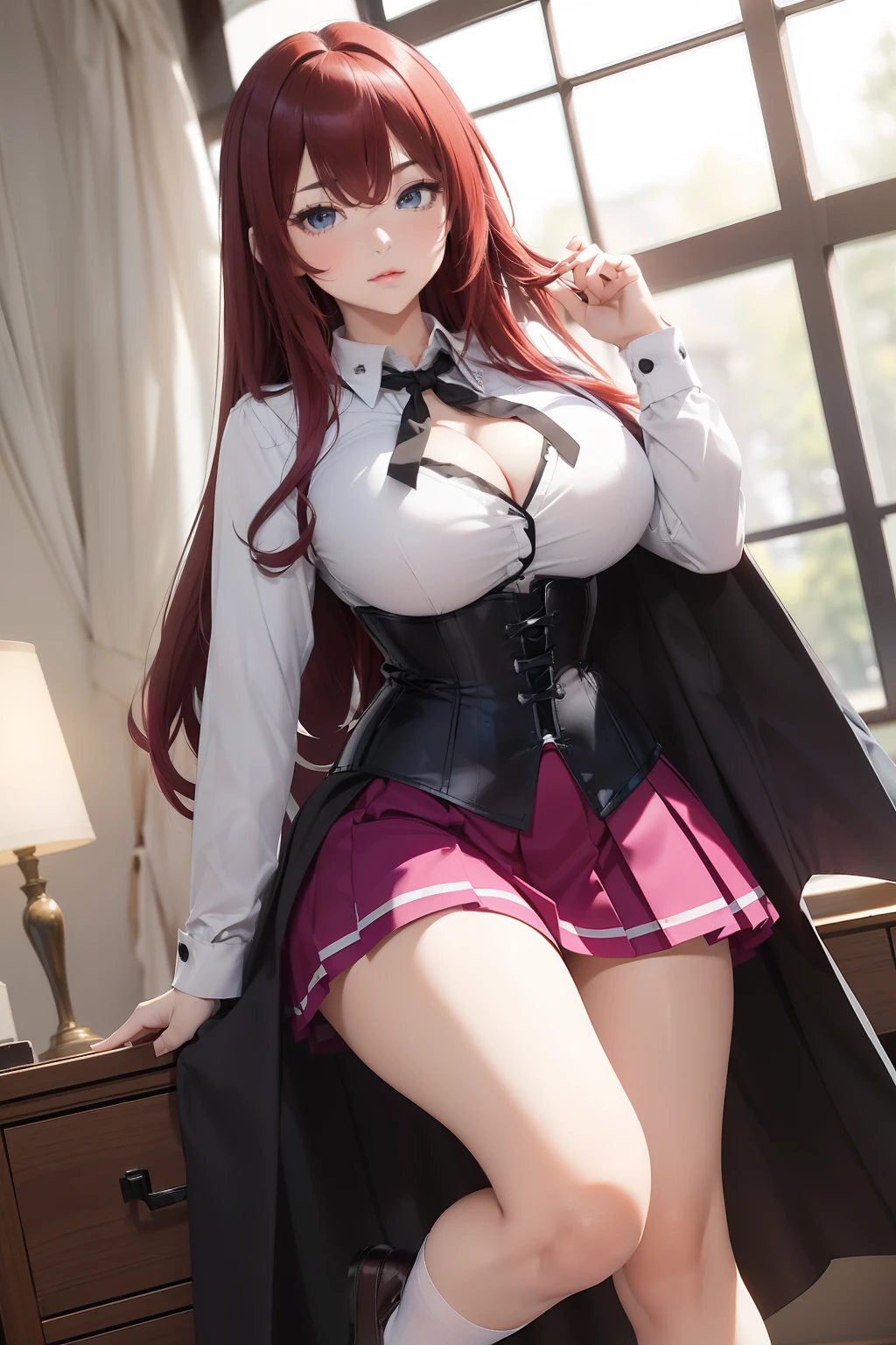(masterpiece, best quality, ultra-detailed, 8k, wallpaper, photorealistic), ((perfect hands)), ((perfect anatomy)), ((large cleavage)), long round legs, round ass, ((alluring anime girl)), ((Rias Gremory)), ((beautiful young woman with a voluptuous body, white skin, blue eyes)), ((long, beautiful crimson hair that reaches down to her thighs with a single hair strand, known in Japan as ahoge sticking out from the top, her hair also has loose bangs covering her forehead and side bangs framing her face)), ((her most commonly worn outfit is the Kuoh Academy girls' school uniform, which consists of a white long-sleeved, button-down shirt, short sleeves, with a black ribbon on her shirt collar worn under a black shoulder cape and a matching button-down corset, a magenta skirt with white accents, and brown dress shoes over white crew-length socks)), ((medium shot)), ((dynamic background)), ((sensual pose))