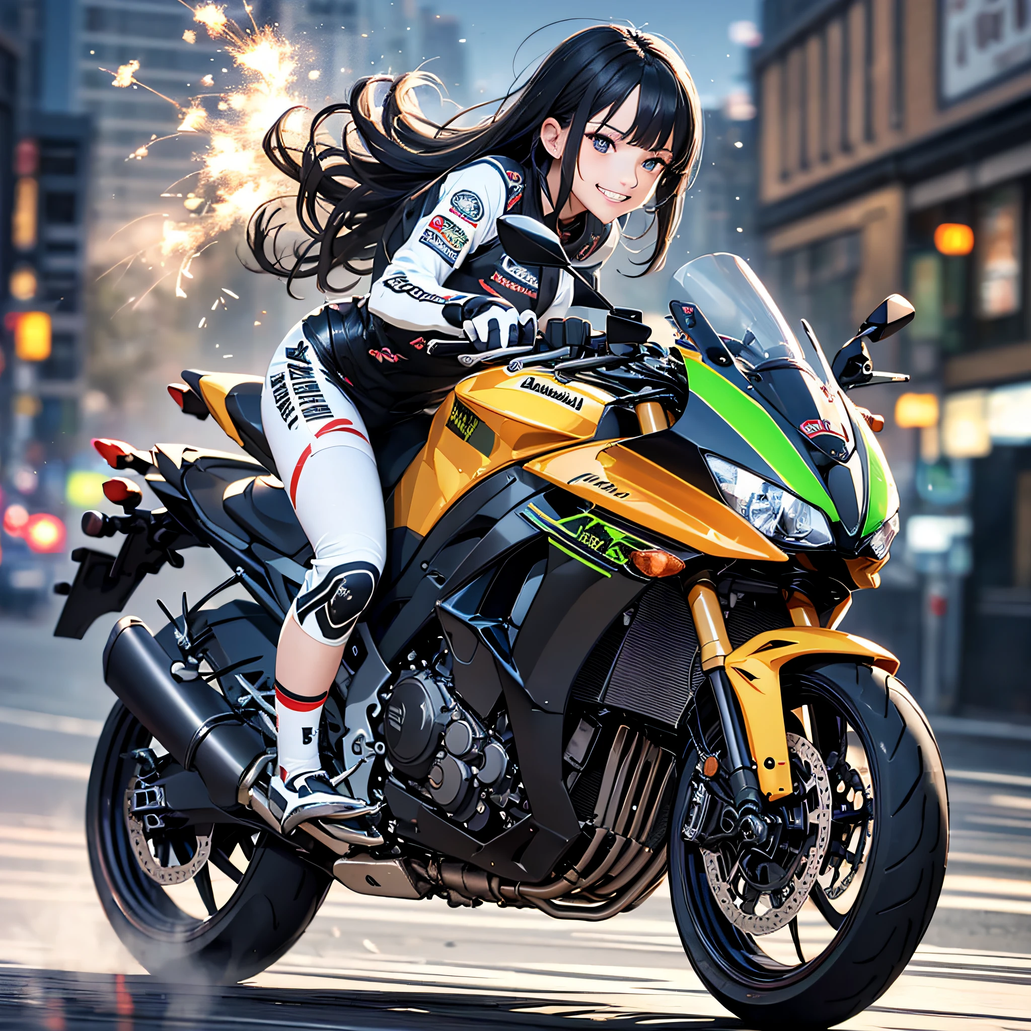 Top Quality, 8K, High Resolution, Masterpiece, (Portrait: 0.6), A Kawasaki motorcycle the city at high speed,(slow motion:1.3),(Motion blur:1.3),(speed lines:1.4),sense of speed,1girl,Sparks and smoke coming out of tires, black hair, medium hair, (evil grin: 1.3), (viewers: 1.3), (bokeh), age 18