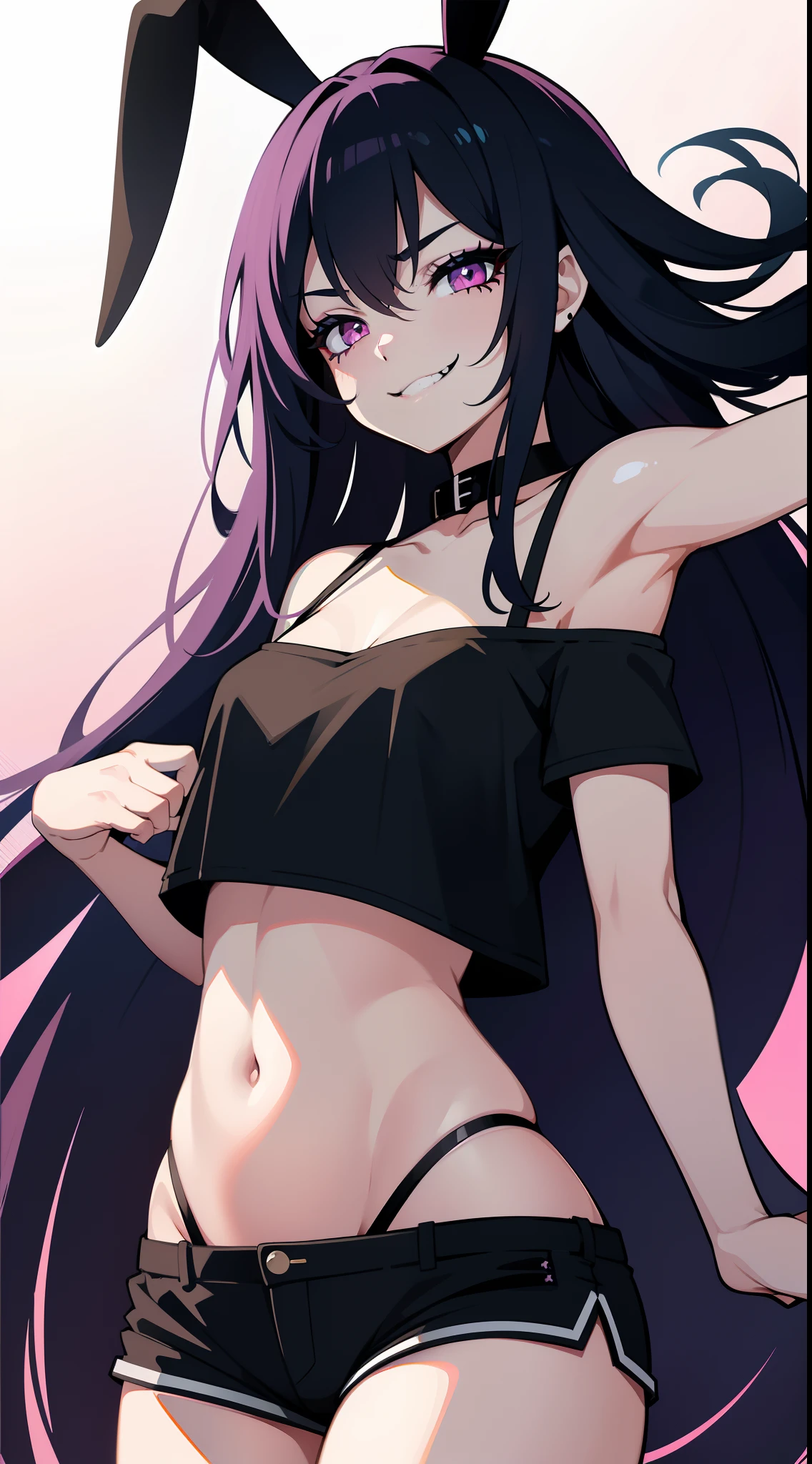 young girl, long dark blue hair, bunny ears, pink eyes, black lipstick, black eye shadow, smirk, tshirt, Short shorts, Masterpiece, hiquality, 4k, HD, Good detail