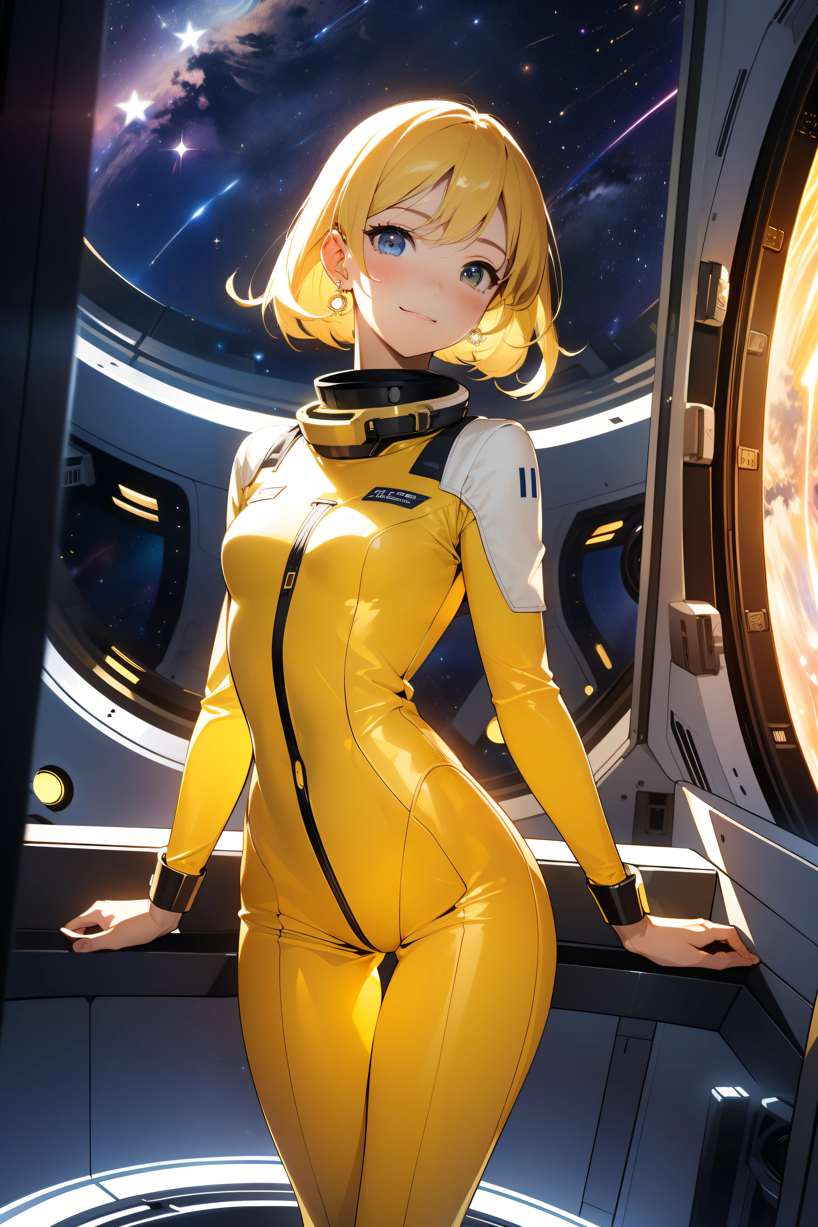 (masterpiece, best quality:1.2), , solo, 1girl, mori yuki, slight smile, closed mouth, from side, turned to look at viewer, blonde hair, thigh gap, yellow bodysuit, yellow-gold, skin-tight, perfect body, large window, (starship porthole:1.3), sideview, (slightly spread legs), (standing:1.1), nice thighs, perfect hands, bright starship interior, (outer space view:1.1), (orbital view:1.3), (night, stary sky:1.5), milky way