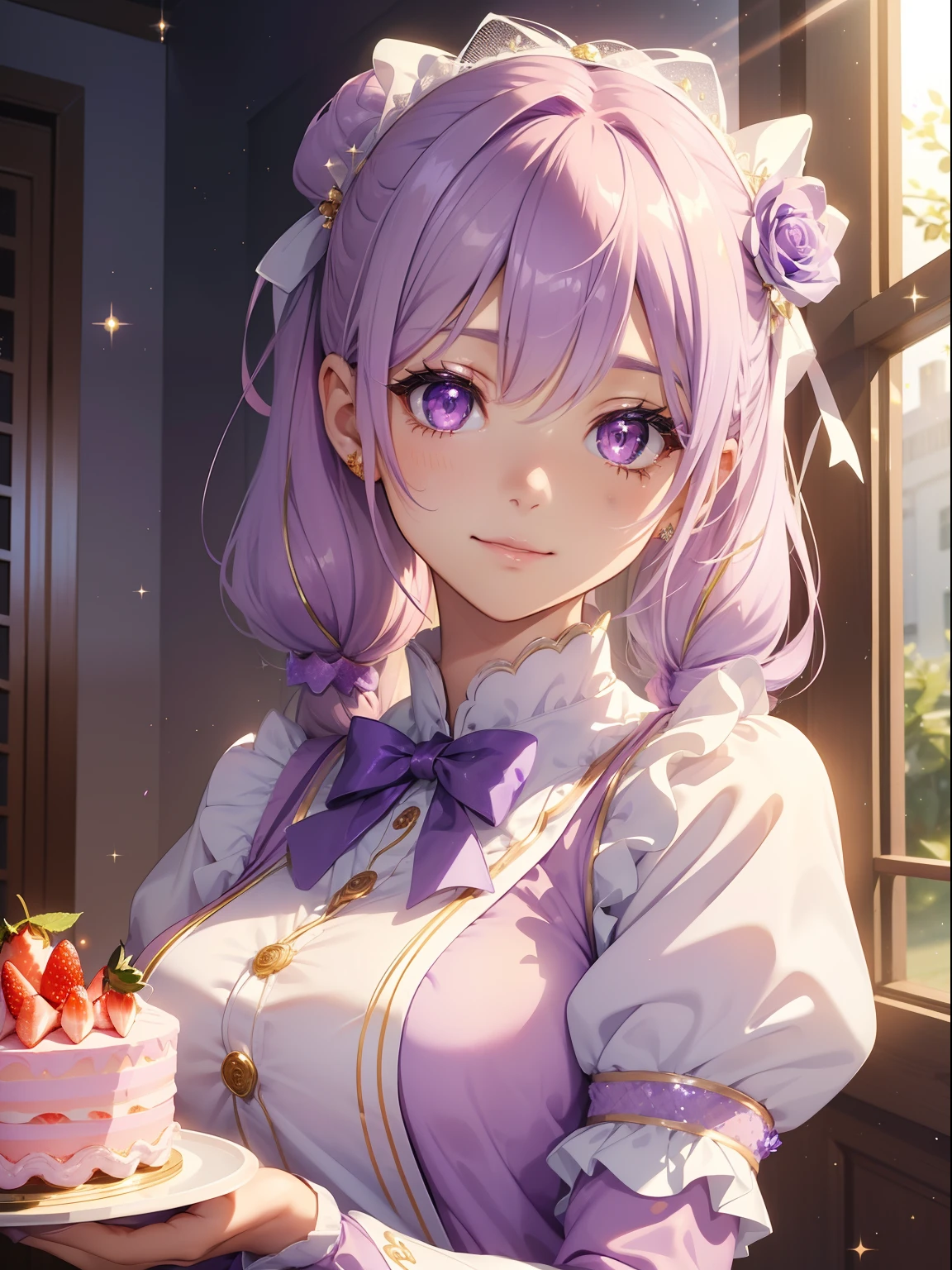 masutepiece, High resolution, 8K, anime woman, Delicate and detailed writing 、Detailed digital illustration、(((Straight pigtail)))、Shiny hair、Bangs、a very beautiful woman、Eyes are double, Large, (((Bust is an A cup)))、High image quality, High quality、Detailed background、(((Cute uniform in white and lilac color)))、The inside of the eye shines like a diamond、Light purple hair、Gradient pupil、(((2 arms、4 fingers, 1 thumb)))、Detailed female face、Very beautiful and cute woman、、细致背景、masterpiece、Soft Focus , Bright gradient watercolor , Lens Flare , (((Glitter))) , Glow , Dreamy , Light Purple Ribbon、(((Very Beautiful Light Purple Rose Hair Accessories)))、Light purple and gold uniform with white as the main color、Big smile、rainbows、(((Eat strawberry cake)))、Happy Balloon、Beautiful sky background