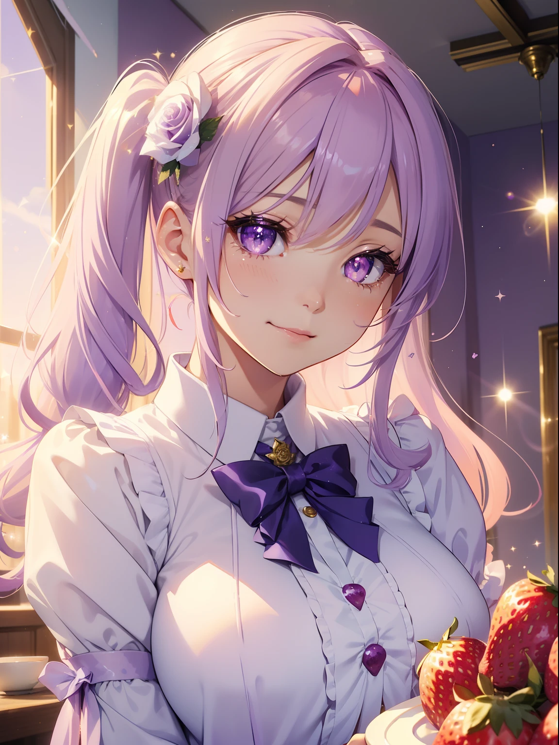 masutepiece, High resolution, 8K, anime woman, Delicate and detailed writing 、Detailed digital illustration、(((Straight pigtail)))、Shiny hair、Bangs、a very beautiful woman、Eyes are double, Large, (((Bust is an A cup)))、High image quality, High quality、Detailed background、(((Cute uniform in white and lilac color)))、The inside of the eye shines like a diamond、Light purple hair、Gradient pupil、(((2 arms、4 fingers, 1 thumb)))、Detailed female face、Very beautiful and cute woman、、细致背景、​masterpiece、Soft Focus , Bright gradient watercolor , Lens Flare , (((Glitter))) , Glow , Dreamy , Light Purple Ribbon、(((Very Beautiful Light Purple Rose Hair Accessories)))、Light purple and gold uniform with white as the main color、Big smile、rainbows、(((Eat strawberry cake)))、Happy Balloon、Beautiful sky background