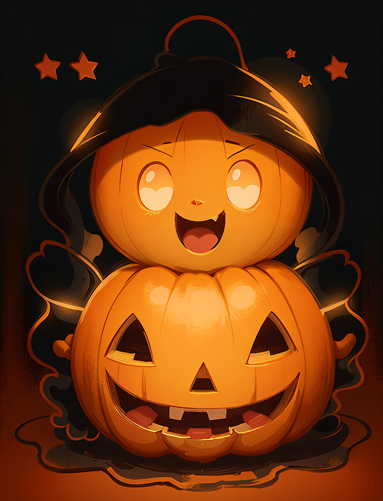 Helen parr, shocked blush , uber inflation, puffed eyes, head inflation body inflation, puffed hands, puffed feet, puffed legs, puffed arms, 1girl, Jack-o'-lantern, inside pumpkin, orange pumpkin, masterpiece, highres, highly detailed face, simple background, black background, yellow stars