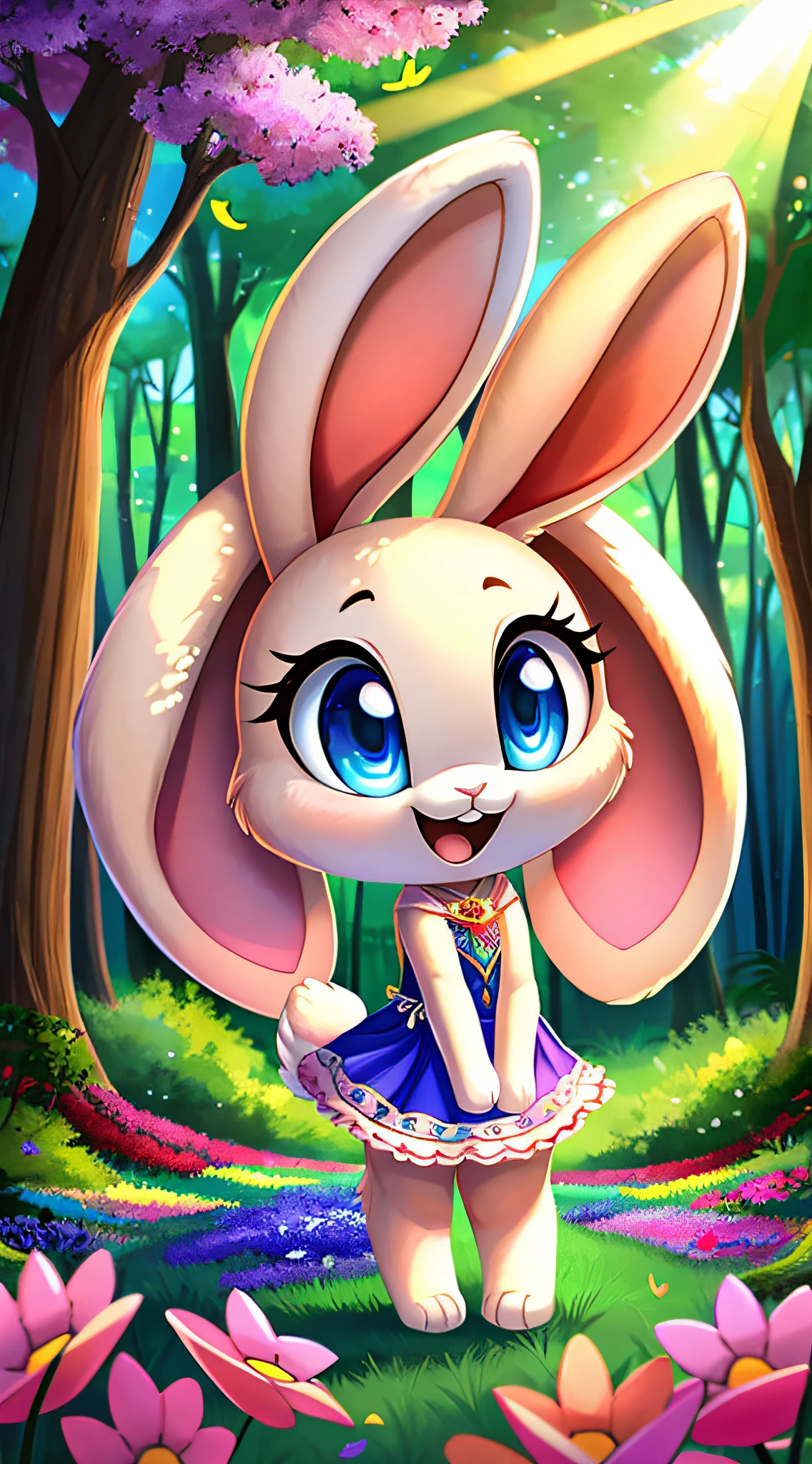 zoomed out image, fantasy style art, cute, adorable, short, tiny, little fluffy female white bunny with blue eyes, 2 extra ears, 4 ears, big floppy ears, long ears, ears perked up, raised ears, long eyelashes, poofy rabbit tail, smiling, standing in a forest, wearing a red frilly dress, big expressive smile, open mouth, wide eyes, excited eyes, excited face, stunning visuals, sunlight coming through the trees, colorful flowers scattered in the bushes, colorful butterflies flying around, digital illustration