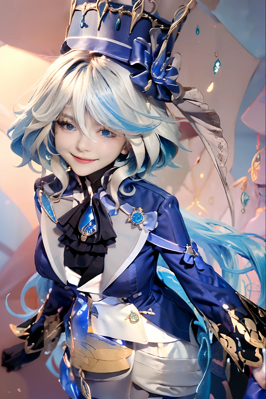 ((Best picture quality, 8K, tmasterpiece:1.3)), 1 girl like. Furina Beautiful woman with slender abs:1.3, (white blue hairstyle like a furina in genshin impact, curently breasts:1.1), V-neck dress:1.1, Silk dress,Ultra-fine face, A detailed eye, 二重まぶた,cute smile,Home,adolable,parted lip,japanaese girl,a baby face