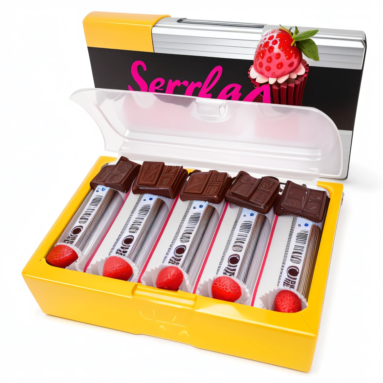 Un primer plano de una caja de balas labiales con una fresa en la parte superior, Embalaje de la barra de chocolate candy, Imagen oficial del producto, Barbacoa masticando chicle, sexy-s 100, Serina luz solar intensa, sensual, sexy :8, brillo labial, Foto del producto, Foto de primer plano del producto, sordid, seductor y poderoso, Foto oficial del producto, delicioso