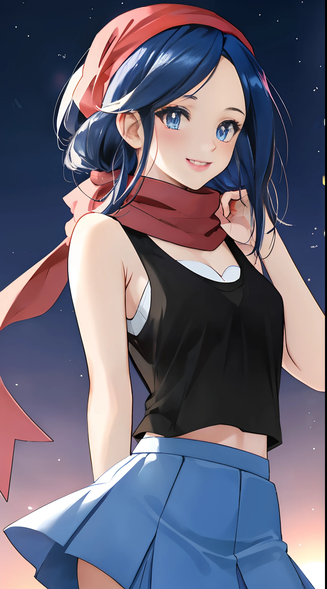 dawn \(pokemon\), dark blue hair, blue eyes, long hair, a black V-necked tank top, big chest covered by white undershirt, a pink skirt, red scarf, big chest, in a festival, blushing, night time, ultra detailed eyes, detailed background, beautiful, cute, best quality, perfect, beautiful light, smile, dawn \(pokemon\)