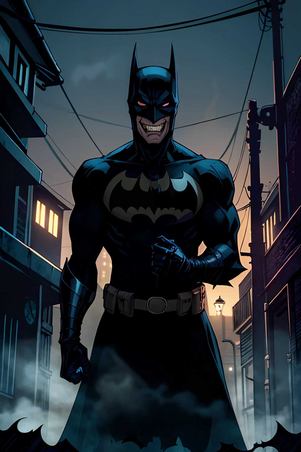 currupt batman, standing, dark shadowy figure, creepy laugh, scary, gotham city alley background, night time