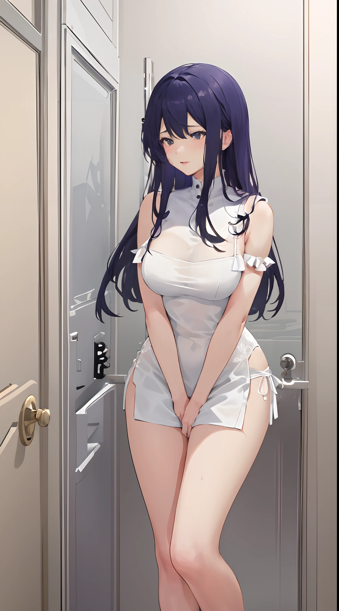 4k高清，1girll, 独奏, She wears white lace lingerie，Exposing thighs,In the bathroom，her chest is very large，Perfect hands，Breast conserving，long whitr hair，Sweat on the legs