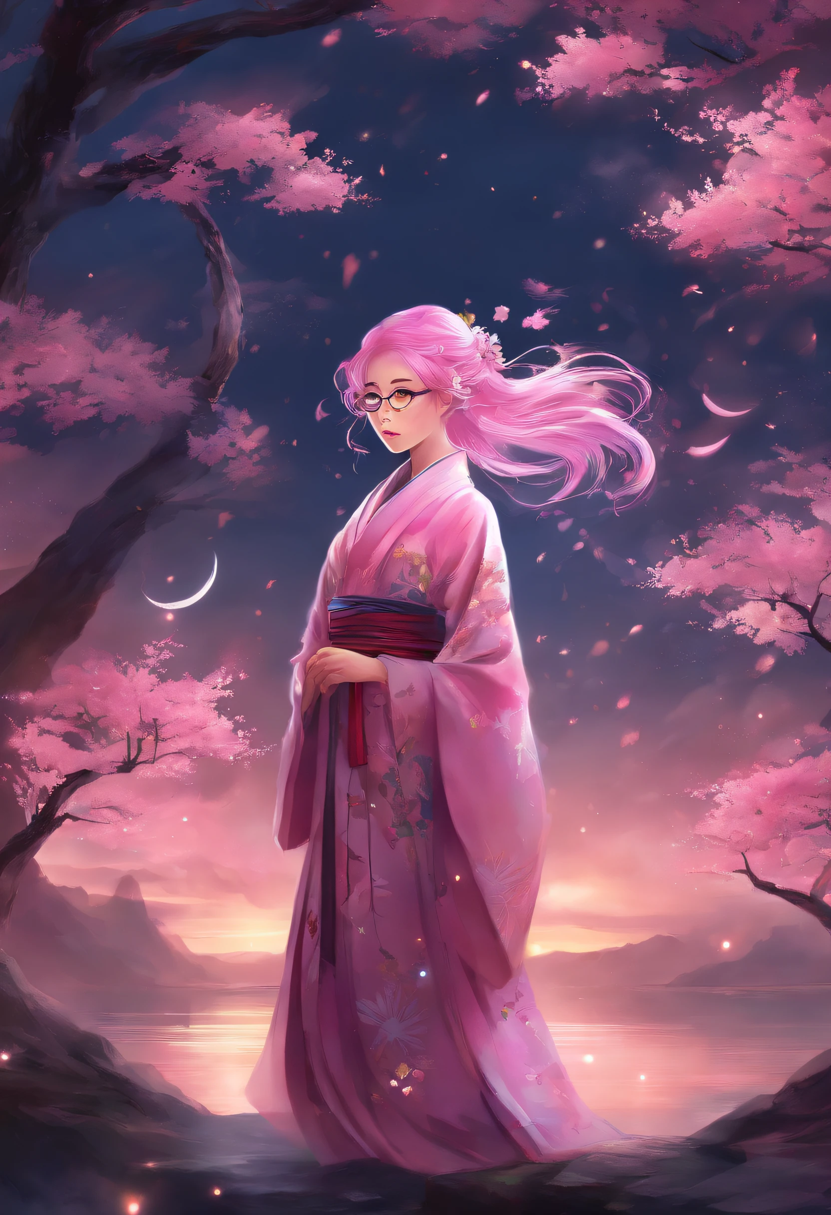 pink haired girl. wearing a kimono. at a sakura tree. in night. while raining wearing glasses
