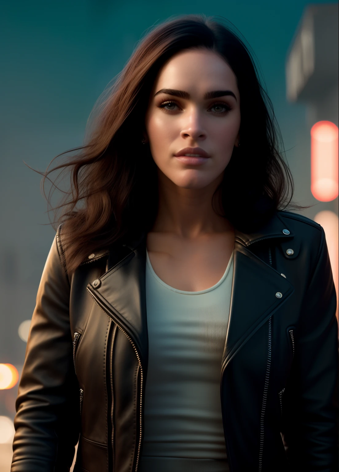 close-up Retrato de megfo como uma bela modelo feminina, rosto bonito, decote, com cabelo castanho escuro longo, your eyes are totally white, In the Cyberpunk City at Night. She's wearing a leather jacket, jeans preto, lighting dramatic,