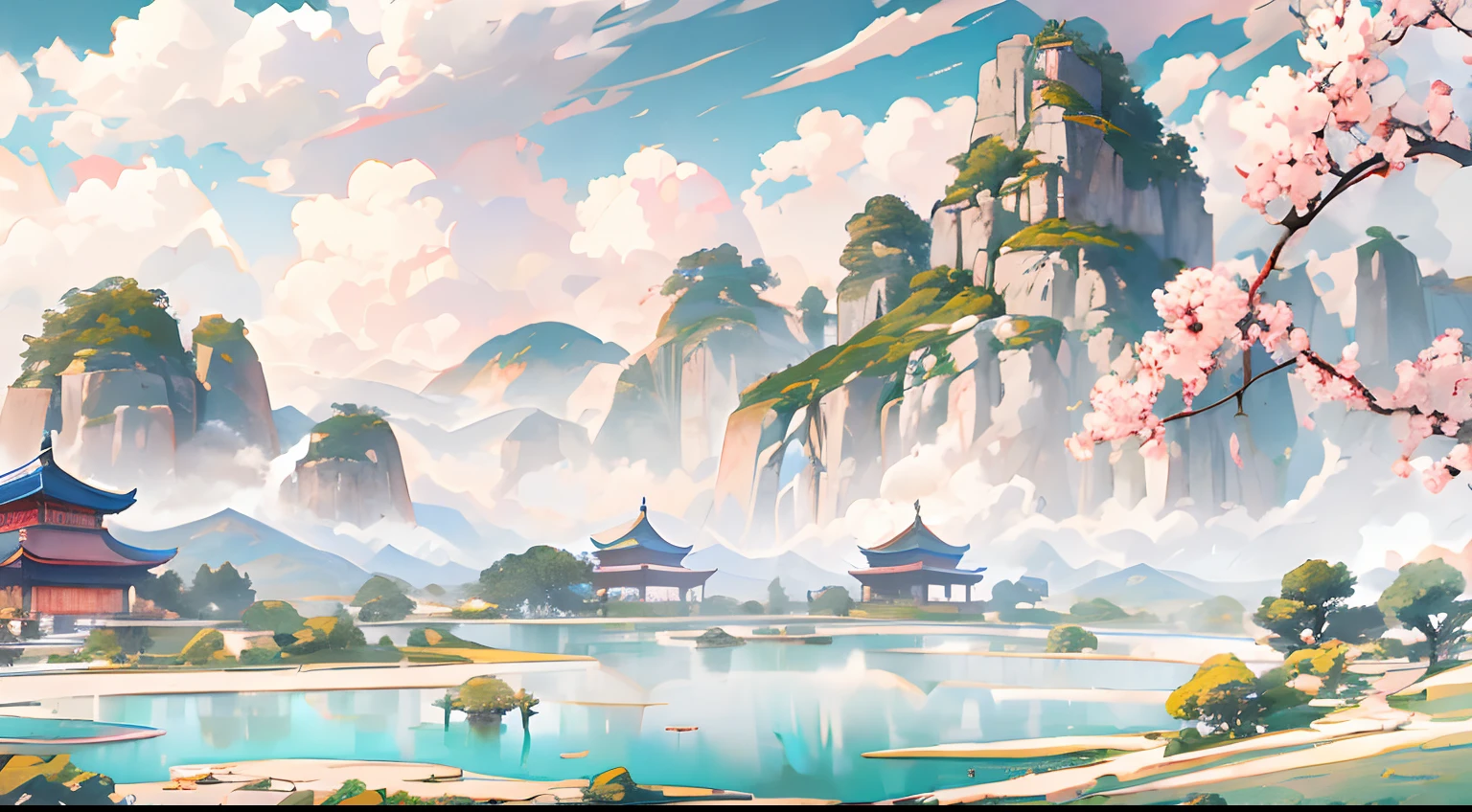 Yaochi Event，Journey，Various immortals，The vista is mountain peaks and clouds，The middle view is the Yao Pond，The foreground is a lot of immortals，Chinese，ancient wind，Eastern World，Peach grove