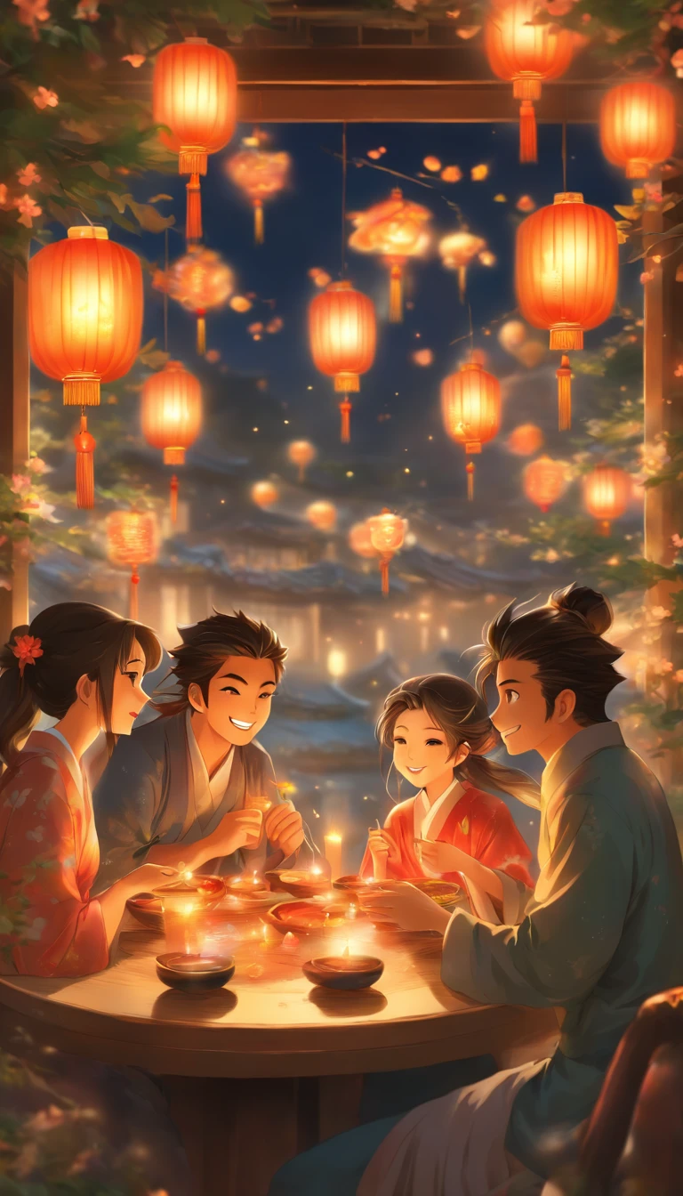 The family sits together, Enjoy a festive dinner, Surrounded by a warm and comfortable atmosphere. The room was beautifully decorated,Equipped with lanterns, Symbolizes the joy of the Mid-Autumn Festival. The table is filled with a variety of delicacies, Includes traditional mooncakes. Moonlight shone through the windows, Cast a soft glow on everyone's face. The family laughed and chatted, Express their love and happiness on this special occasion. The artwork is created with the finest materials, Such as oil painting or high-resolution digital rendering, Ensure the highest quality and detail. The colors are vivid and vibrant, Create visually stunning representations for holiday celebrations. Well-designed lighting, Focus on capturing the warm and tranquil atmosphere of the evening. The artwork is a masterpiece, With ultra-fine elements and realism, Photorealistic style. The moon in the night sky is depicted as a perfect circle, Represents the full moon of the Mid-Autumn Festival. The scene was full of fun, Love, and togetherness, Capture the essence of the festival.You can see the round moon hanging high