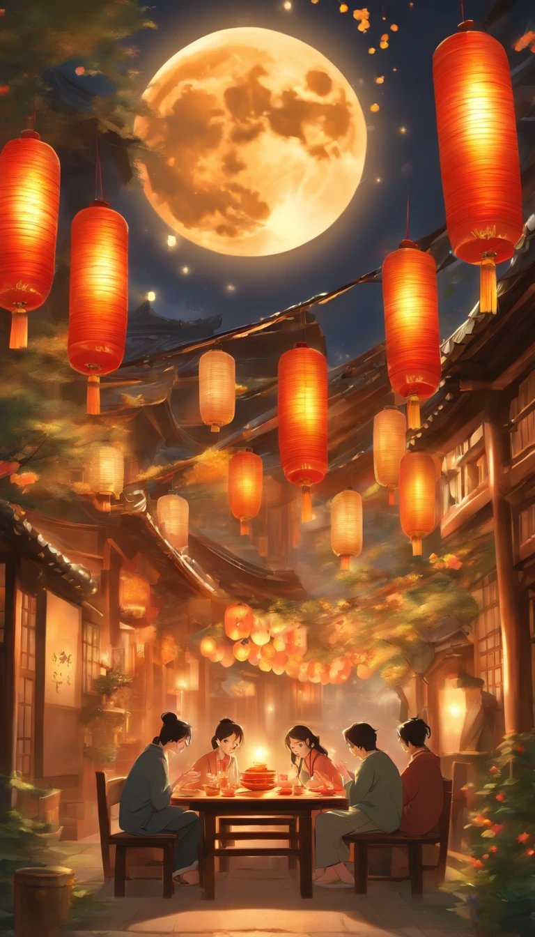 The family sits together, Enjoy a festive dinner, Surrounded by a warm and comfortable atmosphere. The room was beautifully decorated,Equipped with lanterns, Symbolizes the joy of the Mid-Autumn Festival. The table is filled with a variety of delicacies, Includes traditional mooncakes. Moonlight shone through the windows, Cast a soft glow on everyone's face. The family laughed and chatted, Express their love and happiness on this special occasion. The artwork is created with the finest materials, Such as oil painting or high-resolution digital rendering, Ensure the highest quality and detail. The colors are vivid and vibrant, Create visually stunning representations for holiday celebrations. Well-designed lighting, Focus on capturing the warm and tranquil atmosphere of the evening. The artwork is a masterpiece, With ultra-fine elements and realism, Photorealistic style. The moon in the night sky is depicted as a perfect circle, Represents the full moon of the Mid-Autumn Festival. The scene was full of fun, Love, and togetherness, Capture the essence of the festival.You can see the round moon hanging high