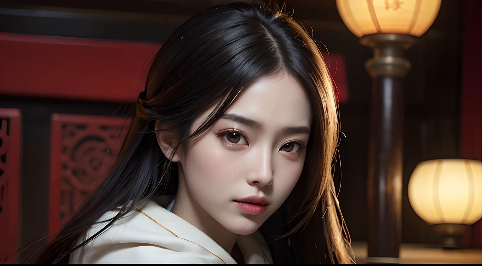 Close-up of the mouth,Best Quality,masutepiece,超A high resolution,(Photorealistic:1.4),xiuxian,arma,Detailed face, 1girl in,Solo,arma,(Magic Circle:1.2),xiuxian,East Asian Architecture,scabbard,architecture,Ancient China