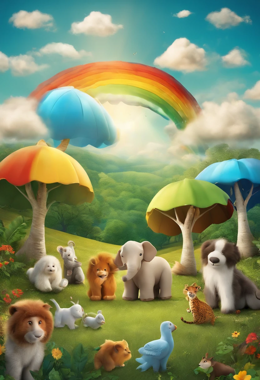 criar uma capa de livro infantil. que contenha um mundo magico. animais falantes, arvores falantes, Sky with happy clouds. sol sorrindo. 3D. children unleashing their imagination, with raibow