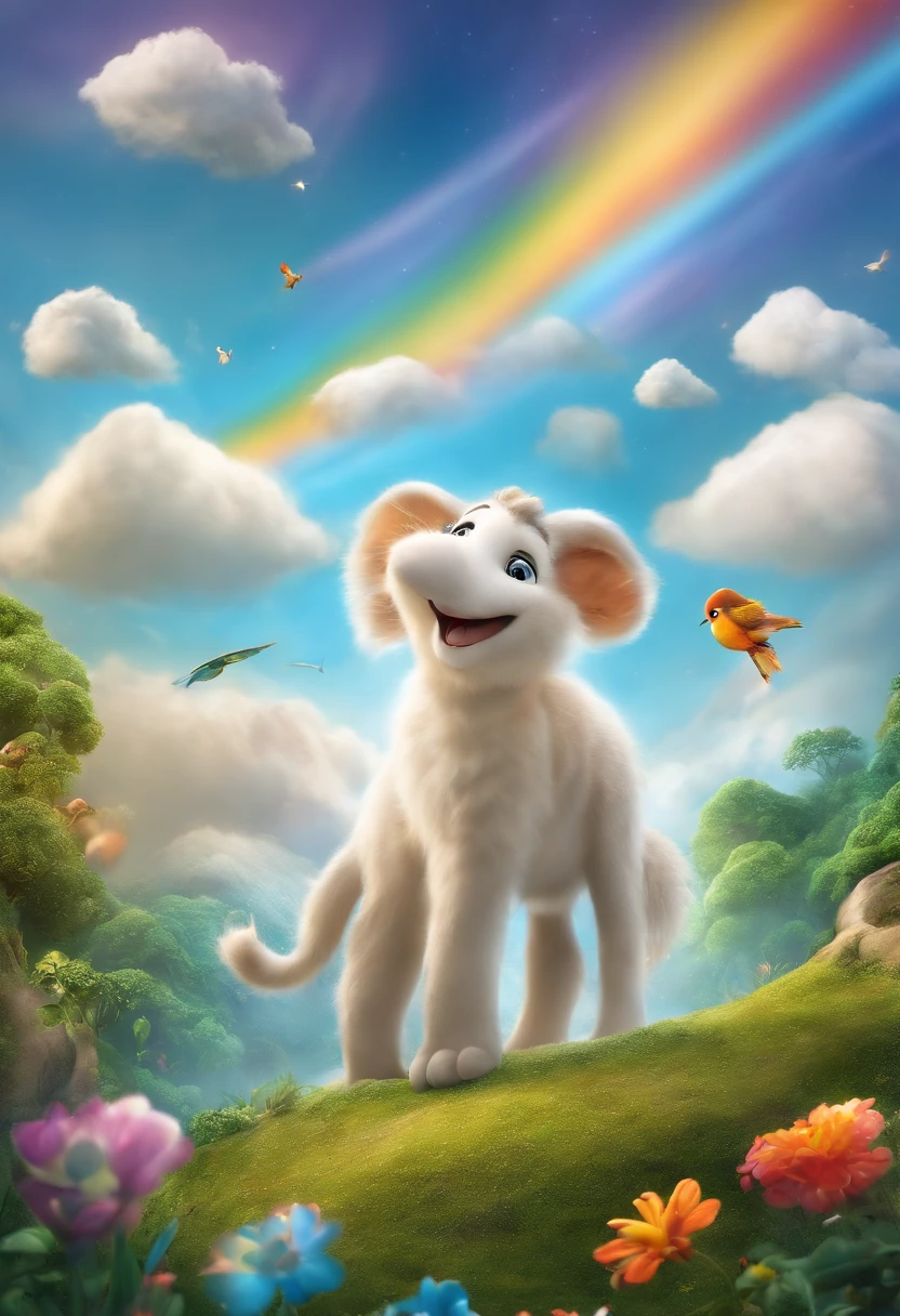 criar uma capa de livro infantil. que contenha um mundo magico. animais falantes, arvores falantes, Sky with happy clouds. sol sorrindo. 3D. children unleashing their imagination, with raibow