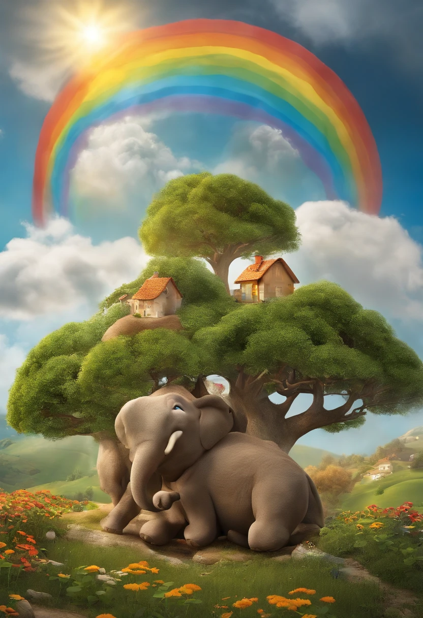 criar uma capa de livro infantil. que contenha um mundo magico. animais falantes, arvores falantes, Sky with happy clouds. sol sorrindo. 3D. children unleashing their imagination, with raibow