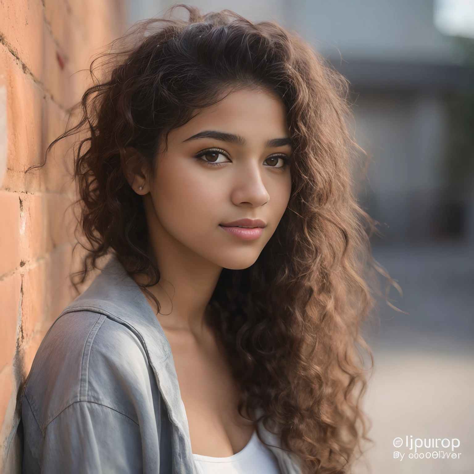 Girl with long black curly hair leaning against a brick wall, foto retrato suave 8 k, mulher jovem bonito, mulher jovem bonita, jovem bonita, jovem adolescente, mulher jovem muito bonita, Cute girl portrait, modelo feminino bonito, medium portrait soft light, mulher bonita jovem, foto de uma mulher bonita, Retrato da meninaa, Retrato de uma menina bonitdaya 8k