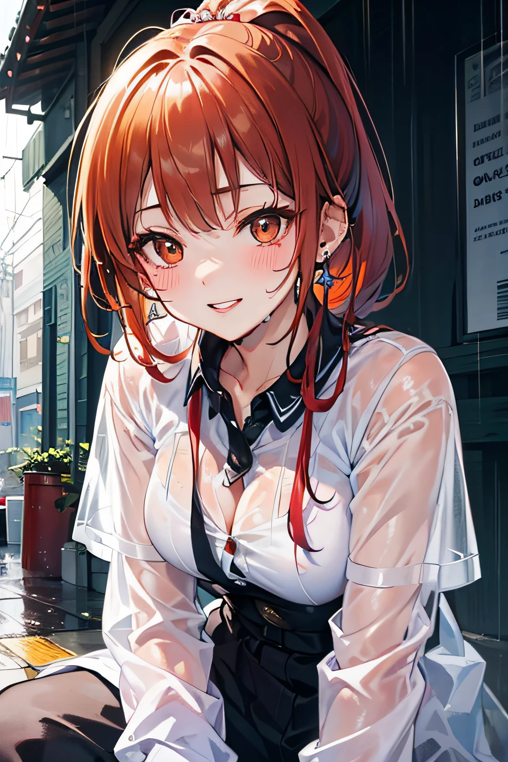 gals,sologirl,Back alley in heavy rain,Drenched bad girl,piercings,gal make,Gal style fashion,(The whole body is soaking wet,Rainwater dripping from the face,Wet face,wetting hair,Wet and glowing skin,Soaking wet costumes,),(Glossy light brown and orange two-tone hair,Short ponytail),(The composition of the princess's face,big eye,Pointed lips,red lipsticks,Cute round face,A smile that makes the viewer happy,blushing with embarrassment,red blush,),(Bold poses),(The 8k quality,masutepiece,top-quality,Ultra-high resolution output image,),intricate detailes,(Highly detailed raw photos:1.3),(Image Mode Ultra HD),crouching down,