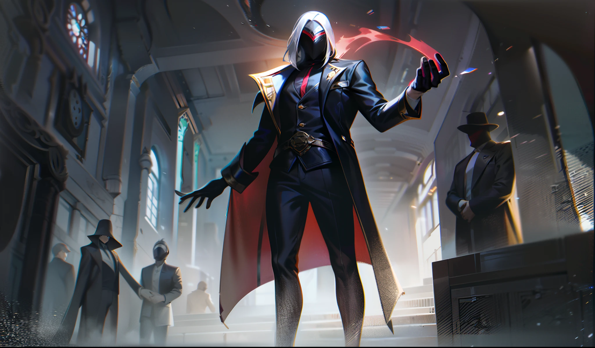 The character described is long, Muscular leg, With a majestic appearance. Has crimson eyes, emitting intense and captivating glare. Their hair is long and completely white, Add an element of excellence to your look. He wears a black coat that covers most of his body, Give it an air of elegance and mystery. Under the coat, Dressed in sophisticated and appropriate clothes, Which further emphasizes his athletic personality. These clothes, Although it is not specified, Transferring the idea of sophistication and good taste. The man in question emits a mysterious and haunting aura, Which means there's something interesting and mysterious about it.. His presence is intense and majestic., Able to attract the attention of people around you. Behind, A burning world reveals itself. This image suggests that it has some connection with destruction and chaos, Maybe it's a character associated with a disastrous outcome or darkness.. To cover your face, Wearing a solid white mask, This hides your identity completely., Leaving only his scarlet eyes visible. This mask adds a mysterious and sinister touch to your look, Suggesting that he has secrets or hidden intentions. generally, This character is portrayed as a mysterious character, Strong and dark, whose existence is characterized by mystery, Greatness and a sweeping world that burns.S,Splashart, Splashart, Splashart de League of Legends, art, Brush stroke, 巨作, 8k, A highly detailed, Hard Drive, nocturnal