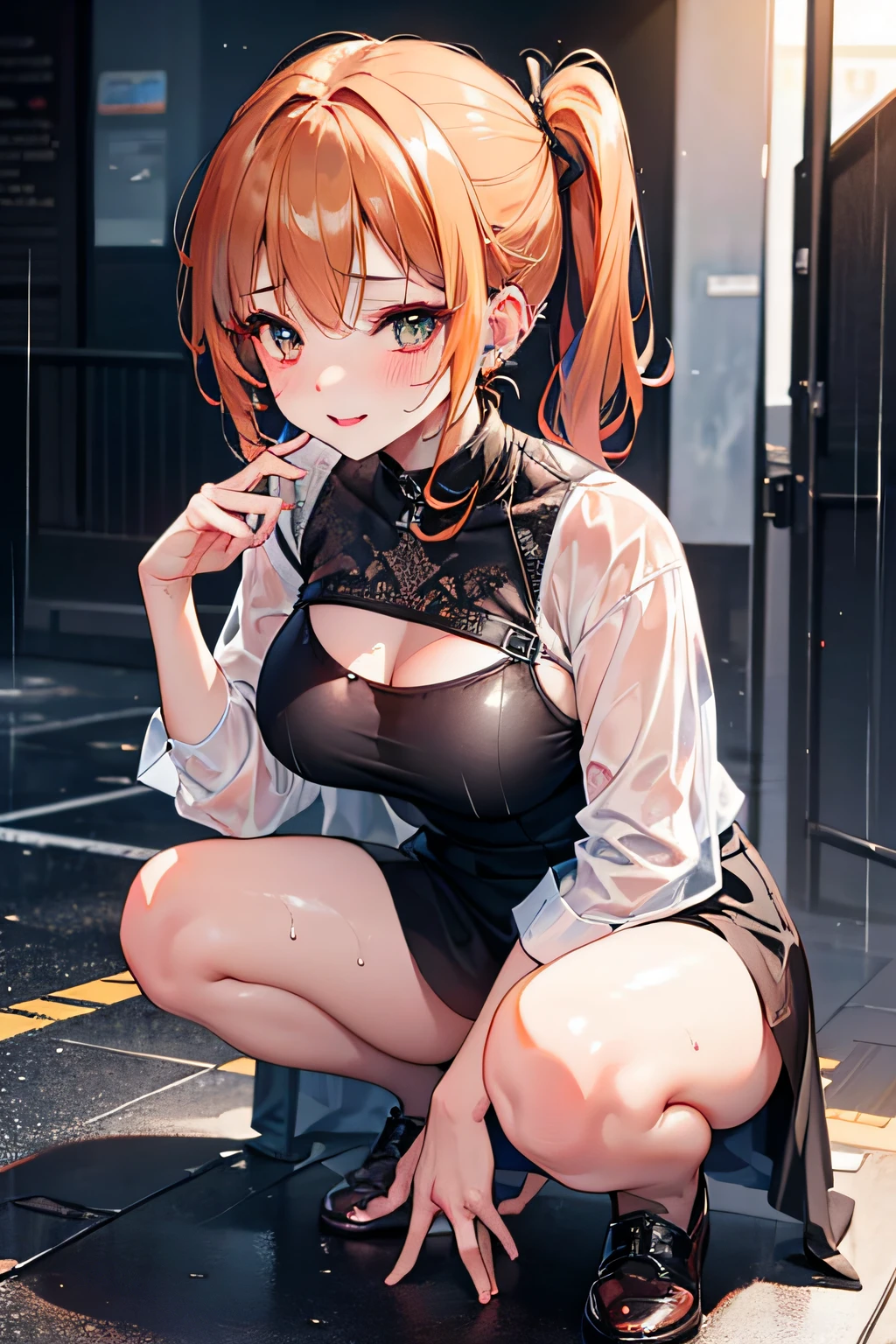 Genshin impact, ((Nilou:1.5), ((best quality, high resolution, distinct image)), (delicate illustration), 8k, 1girl, solo, extremely cute and beautiful, cowboy shot, (Crypto.com Arena background:1.3), indoor live stage, blush, breasts, wet, (yellow rubber full-zip jacket:1.3), (white tight tube-top:1.3), (black rubber shorts:1.3), detailed clothes, standing, spread arms, reaching out in the air, from below, (large breasts:1.25), (slim waist:1.3), (small butt:1.15), light grin smile, happy, breathing, humid, perfect ???????, perfect proportion, seductive dancer posing, centered image, looking the viewer, facing the viewer, spread legs, open stance, frame the head, pink lipstick, detailed human body, perfect human body,