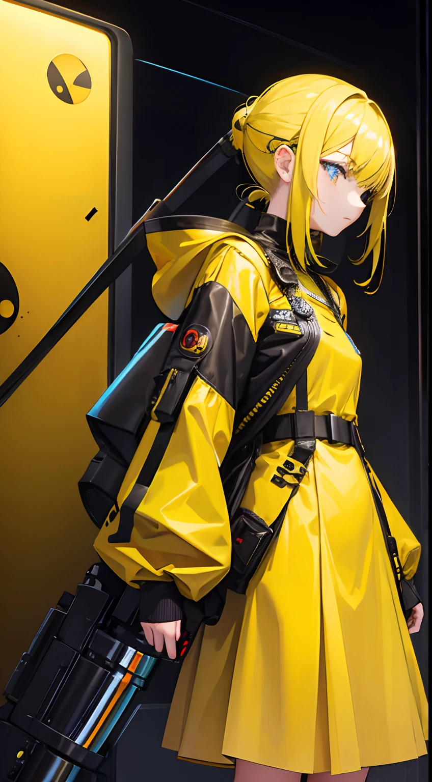 girl wearing yellow cyberpunk dress , half futuristic, mixed of big ladybug spot, long tied blond hair