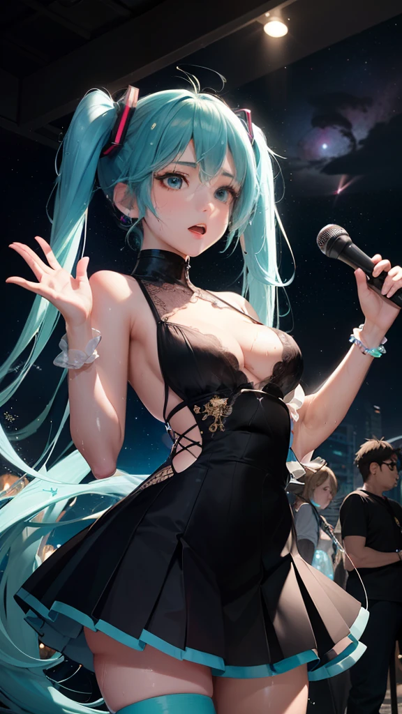{{Masterpiece}},(hatsune miku,The girl as the subject of the image,Cowboy shot,Sing with microphone in hand,En plein air,Stand on the concert stage,Focus on the spotlight,in Baroque architecture,Sunlight,Cyberpunk open-air scene(Multimedia speakers+Intelligent audio components+neonlight),Suspended Small Spherical Robot:1.45),Super cute kawaii beautiful japanese anime 1 girl great professional portrait in delicate embroidery dress, Huge boobs, tetas grandes, tetas grandes, big breastes, Flowing ruffles and beautiful lace, as well as a variety of jewelry accessories, Nice face,throbbing,wave,A girl,Cowboy shot,(Wet pleated transparent clothing),The Earth's surface,Polar regions,Canyons,Gaseous nebula,Mirage,In Wonderland,light particles,Double tails,Short hair,messy hair,the Milky Way,luna,Starry sky,Star Cloud,black hole,tornado,vortex,night time,night sky,planets,reflection,ripple,Meteors,skye,Horizons,skyscraper,snowing,Sunlight