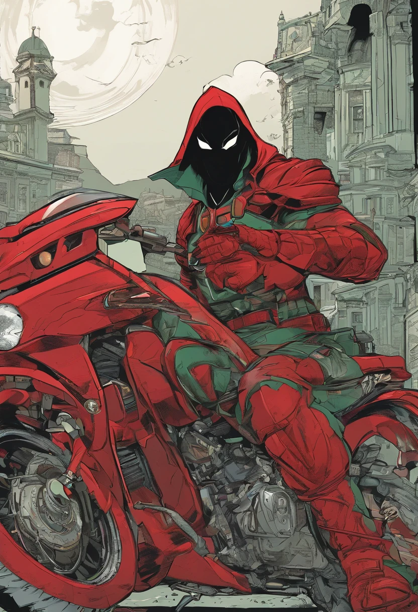 An highly detailed image of a Portuguese superhero dressed in a dark red and dark green armor suit, with a black cape and hood covering his face. He has a shield on his chest, with the quinas and castles of Portugal. He is on top of a red motorcycle, Lisbon, at night, surrounded by criminals and villains