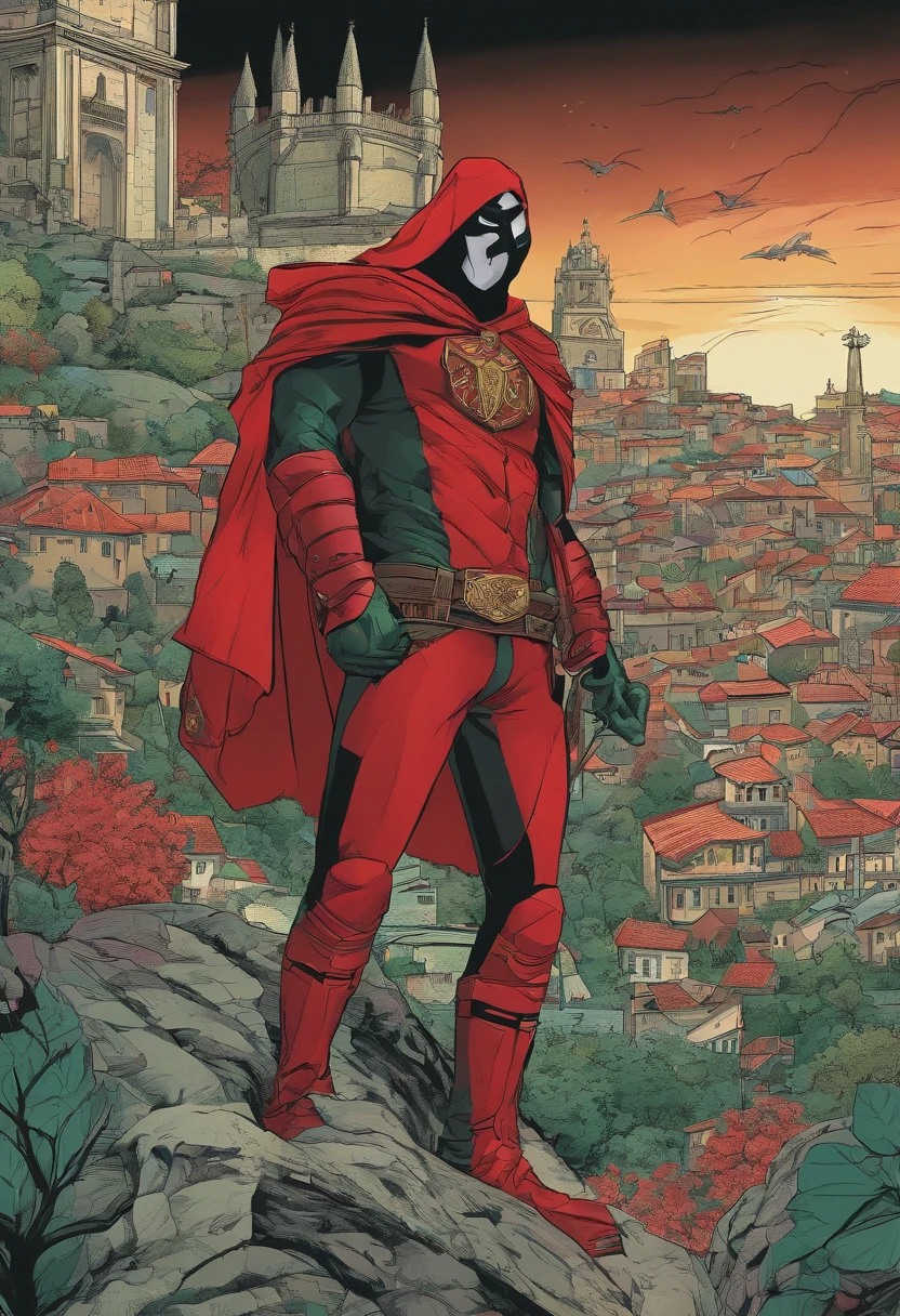 An highly detailed image of a Portuguese superhero dressed in a dark red and dark green armor suit, with a black cape and hood covering his face. He has a shield on his chest, with the quinas and castles of Portugal. He is on top of a red motorcycle, Lisbon, at night, surrounded by criminals and villains