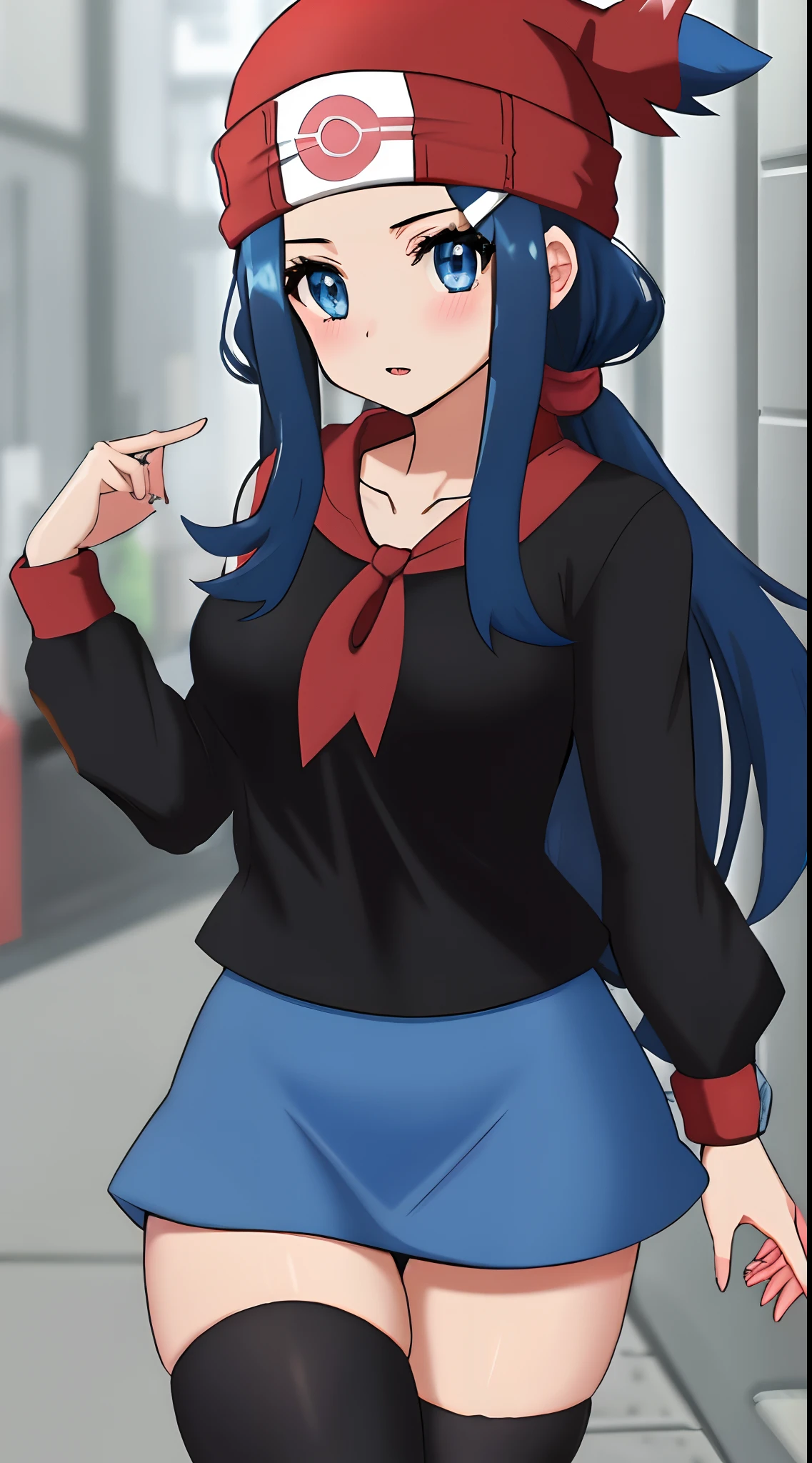dawn\(pokemon\), average breasts, black shirt, long hair, beanie, hair ornament, hairclip, collarbone, blue hair, blue eyes, mini skirt, red scarf , thighhighs, red skirt,