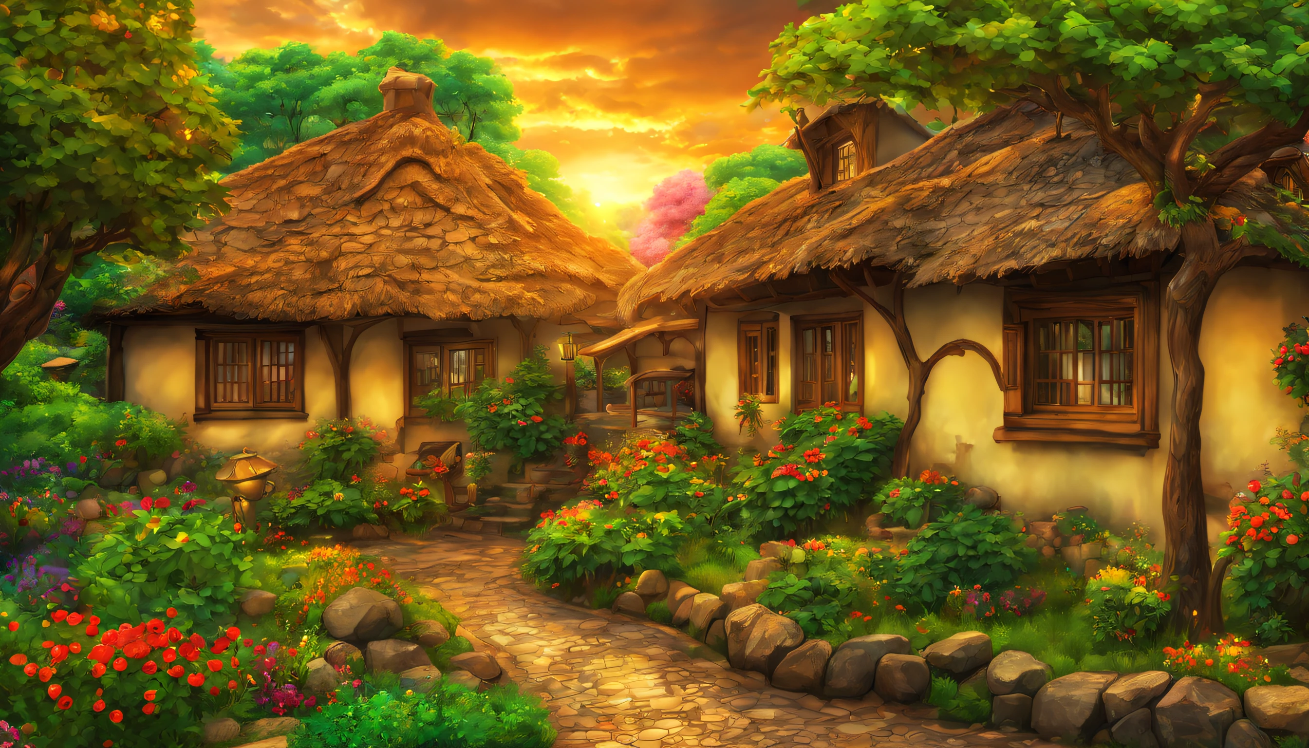 Summer magnificence, cozy town square, golden sunset, cozy houses with warmly lit windows, flying flowers, green trees, falling rain, inter twined gnarled tangled inter woven twisted ornamental idillyc tree branches, maximalist ornamental details b Kazuma Nagai, Tarsila do Amara, folklore decorative elements, aboriginal dot pattern.. HDR, UHD 32k. --AR 16:9, --style raw, -- seed 7