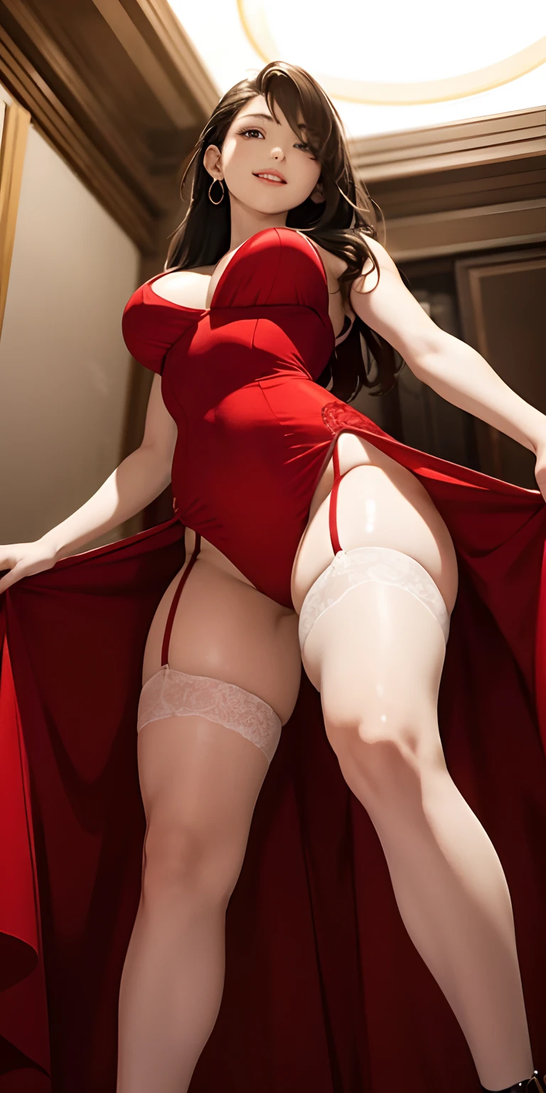 realisticlying、22-year-old girl、Face Real、A big close-up looking up from below、Wearing a light and tight-fitting red long dress、bold emphasis on the thighs、Breasts enlarged、sexly、Face smile、Wearing a garter belt、Wearing high heels、Skin luster