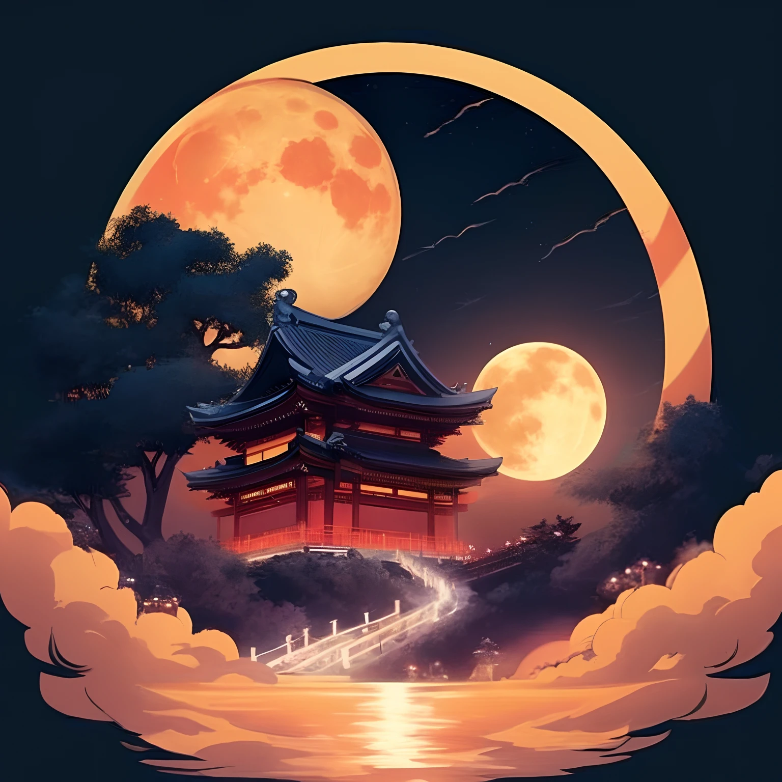 The full moon rises over a pagoda in the sky, Japanese art style, Anime art wallpaper 4 K, Anime art wallpaper 4k, Anime art wallpaper 8 K, style of anime4 K, stunning art style, 8K high quality detailed art, Anime wallpaper 4 k, Anime wallpaper 4K, A beautiful artwork illustration, chillhop, beeple daily art