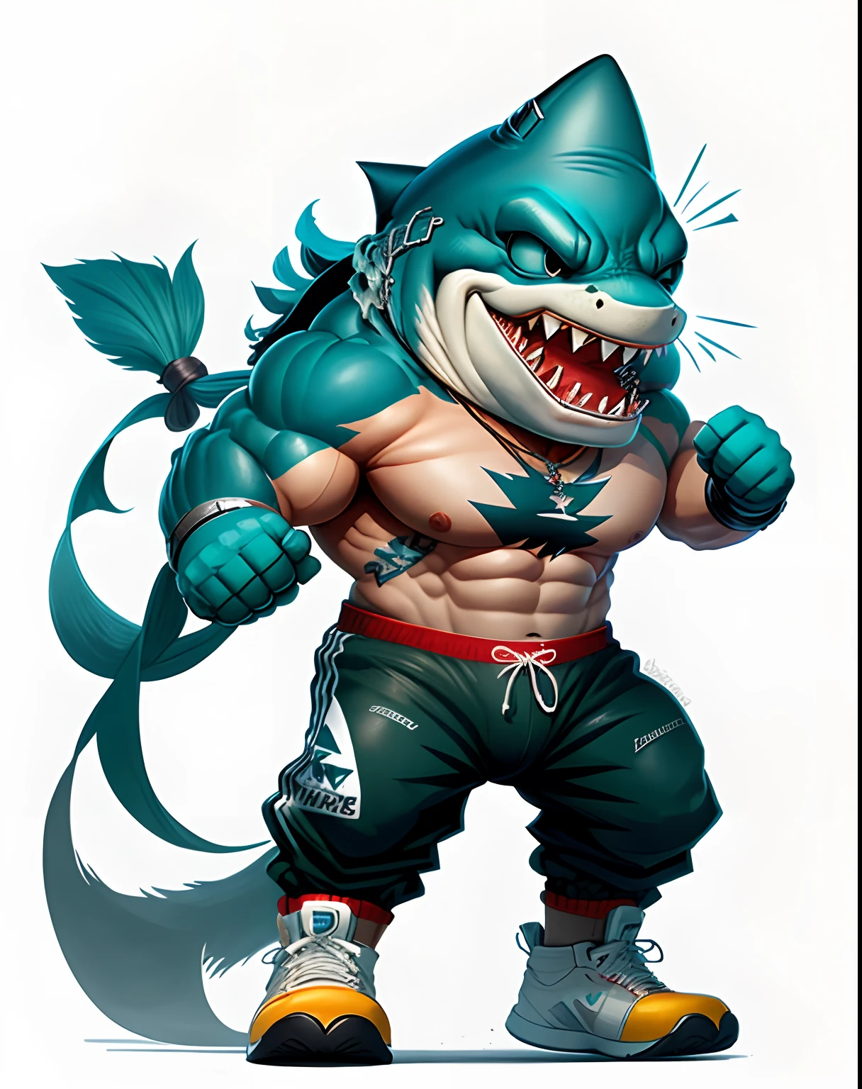 Create an athletic shark mascot for a sports nutrition product line. Make sure he looks healthy and motivated.