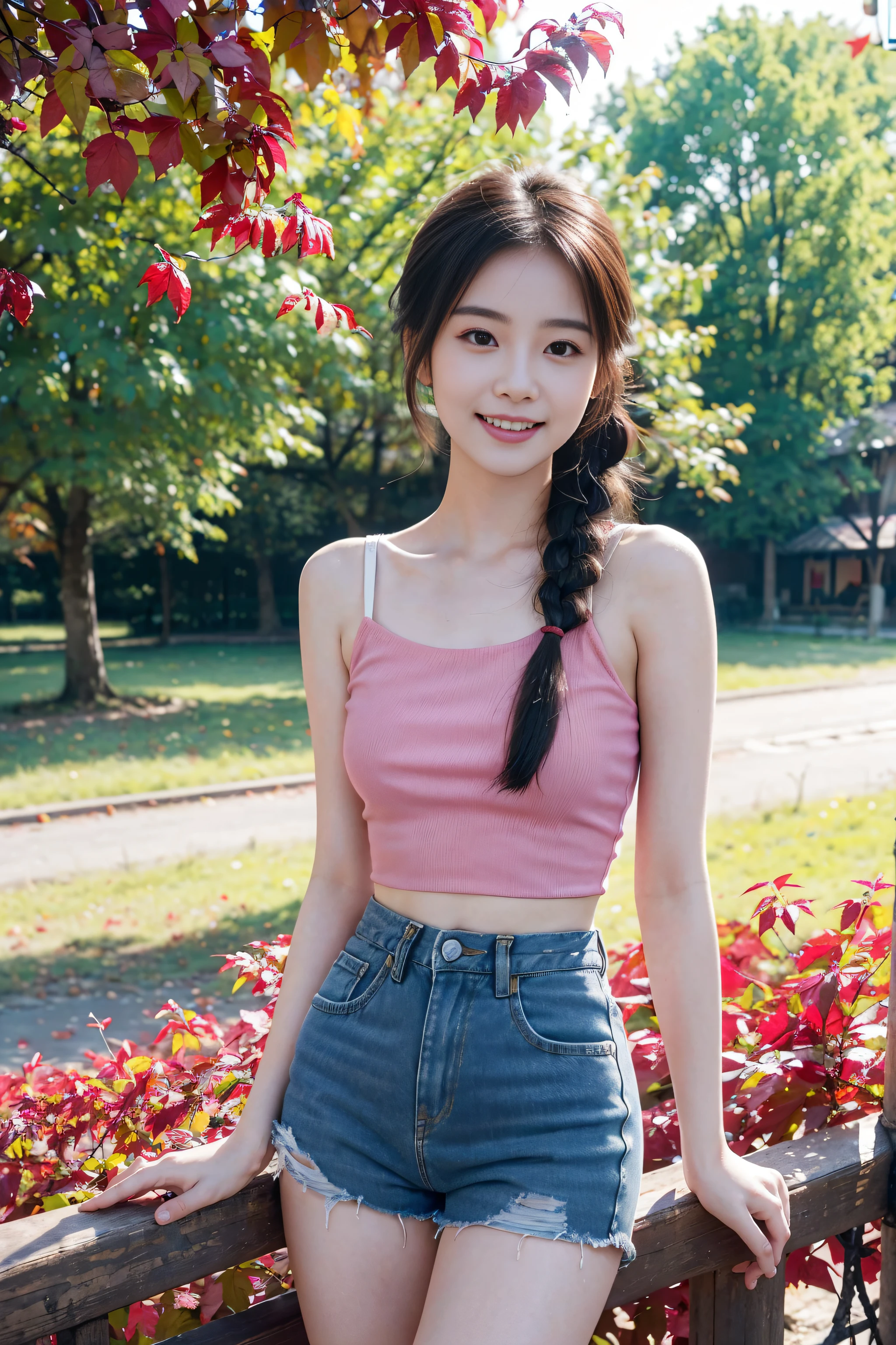 (Best quality, Complex details: 1.2,Realistic:1.2) ,A girl\(23 years old\),[Liu Yifei:0.9],(pink|red top bank:1.2),(Extra-short denim shorts)，(farmhouse:1.2),tree,Red leaves,(autumn),bare braid,kind grin,(white skin:1.2),