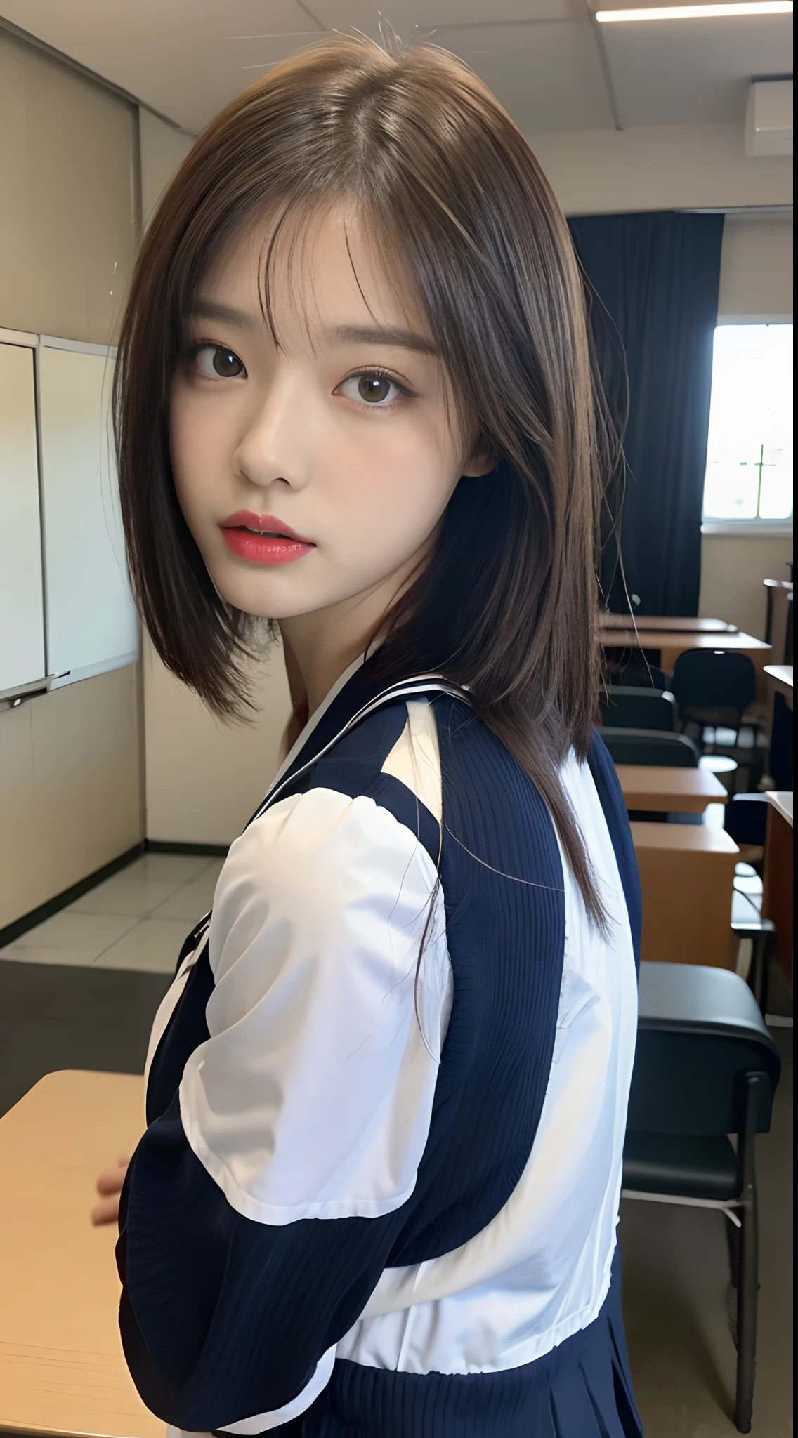 (Top Quality, 8K, Masterpiece: 1.3)), Focus: 1.2, Perfect Body Beauty: 1.8, Ass: 1.2, ((Layered Haircut, Breasts: 2.5)), Japan High School Girl, Sailor Suit Worn by Japan High School Students, JK, (School, Classroom), Highly Detailed Face and Skin Texture, Big Eyes, Tanuki Face, Double Eyelids, Whitened Skin, Shoot Cut